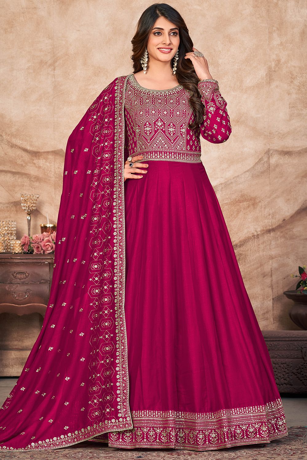 Hot Pink Sequence Embroidered Art Silk Anarkali Suit.