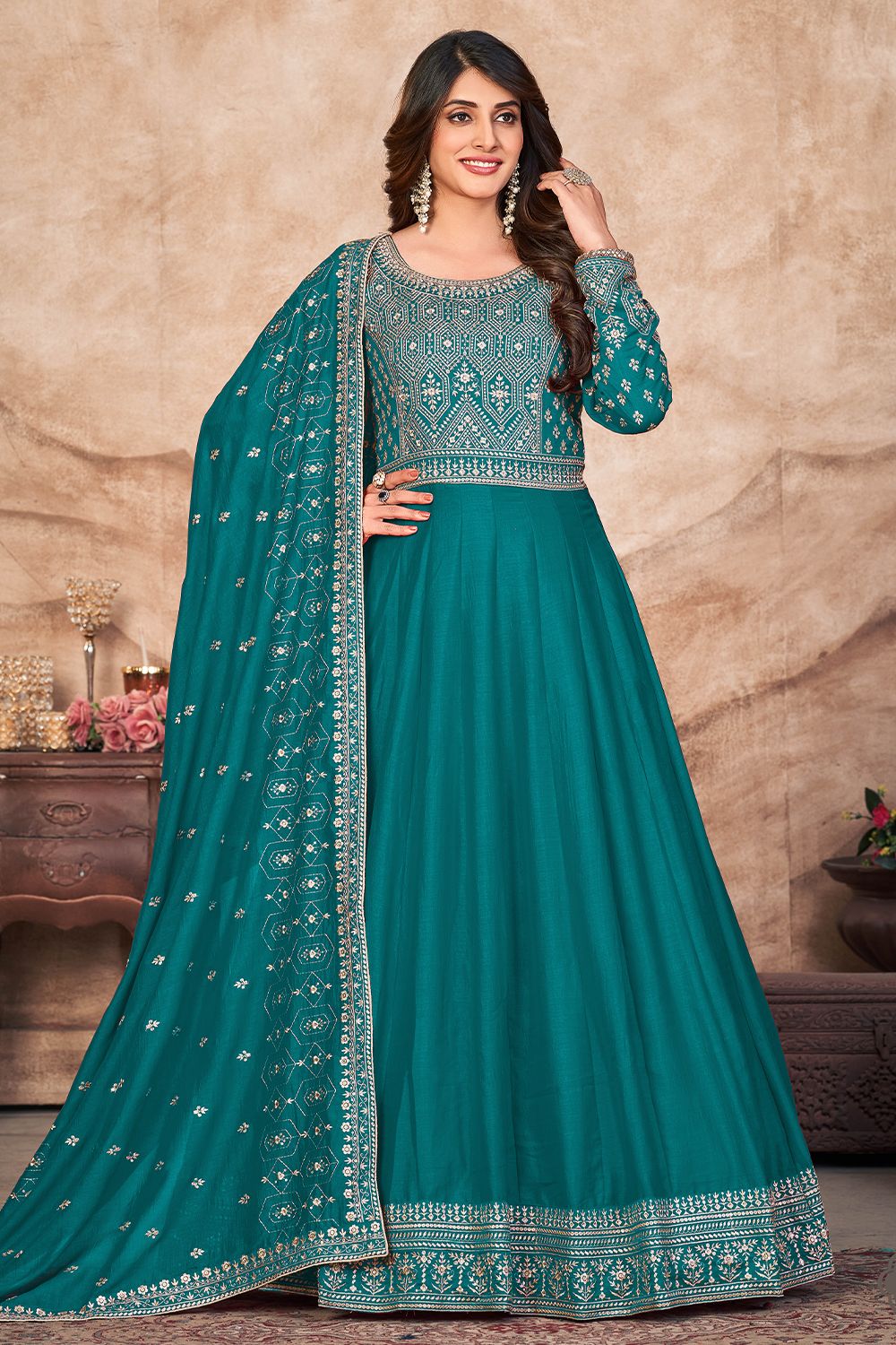 Teal Blue Sequence Embroidered Art Silk Anarkali Suit.