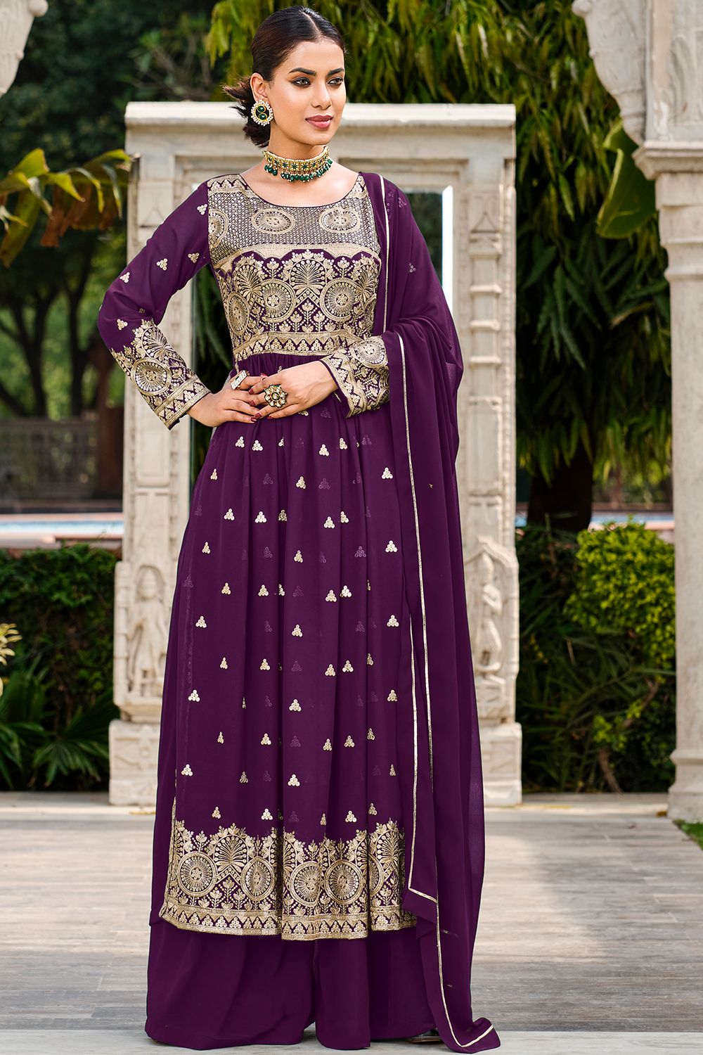 Plum Purple Zari Embroidered Georgette Palazzo Suit