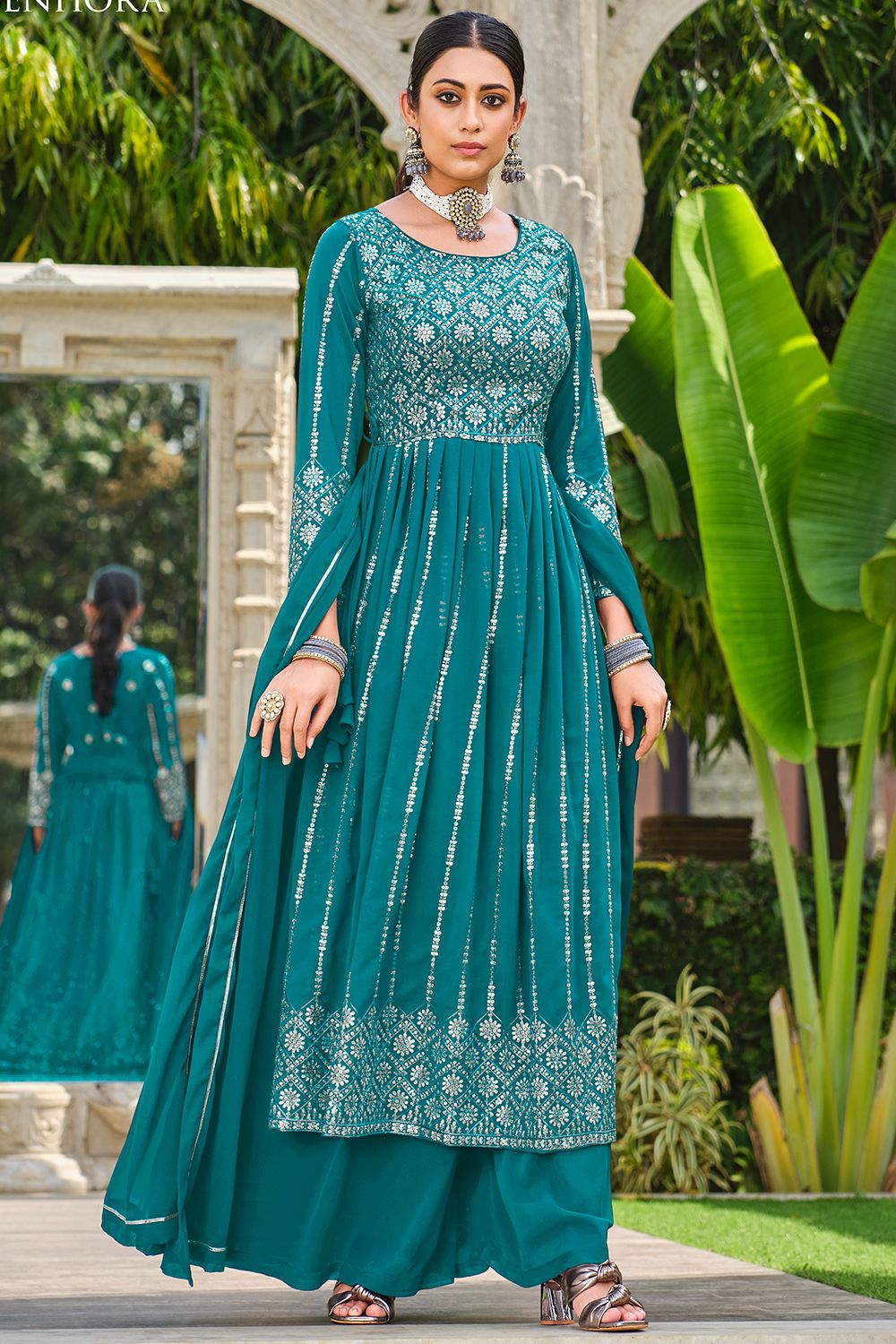 Teal Blue Zari Embroidered Georgette Palazzo Suit