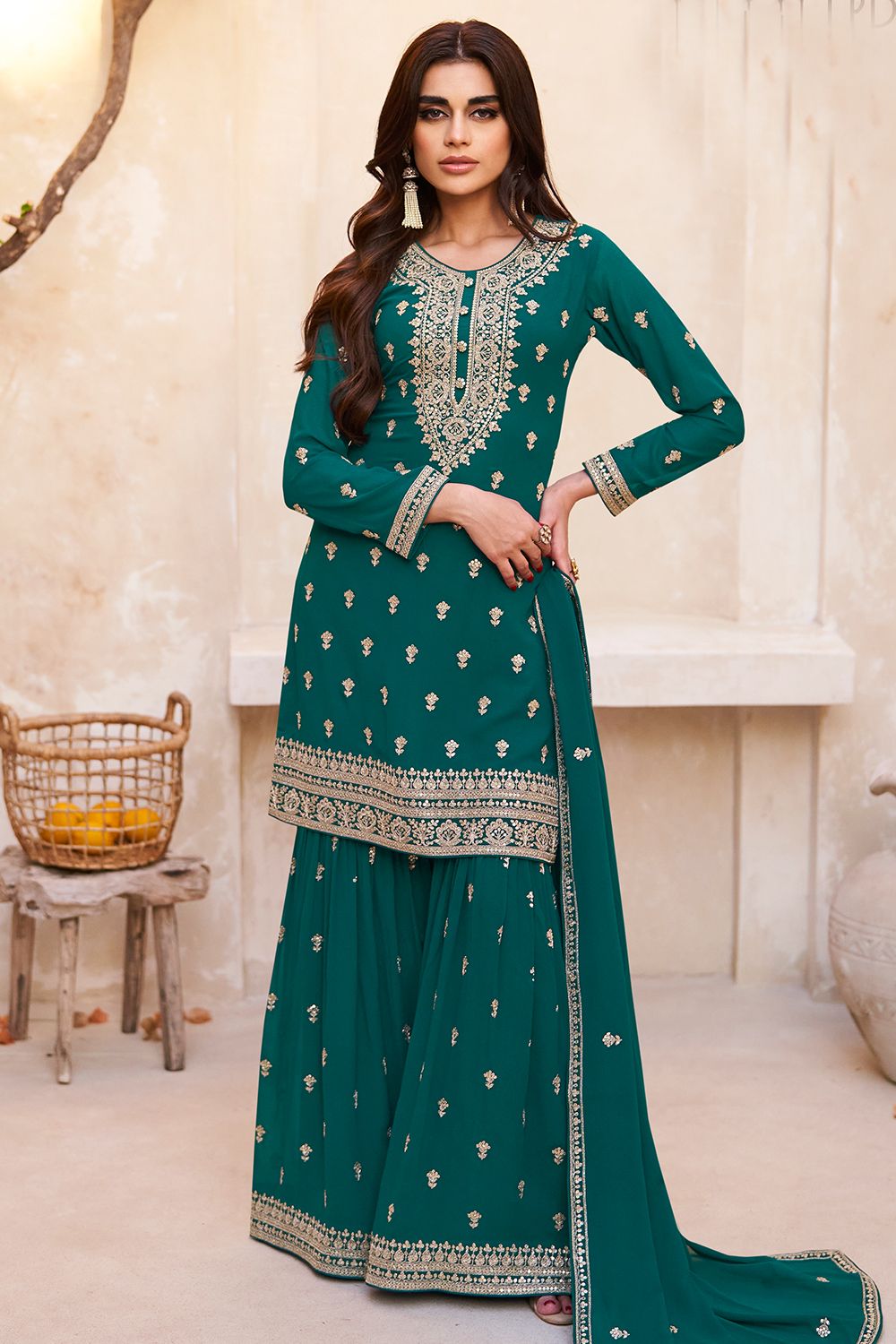 Green Embroidered Georgette Gharara Suits