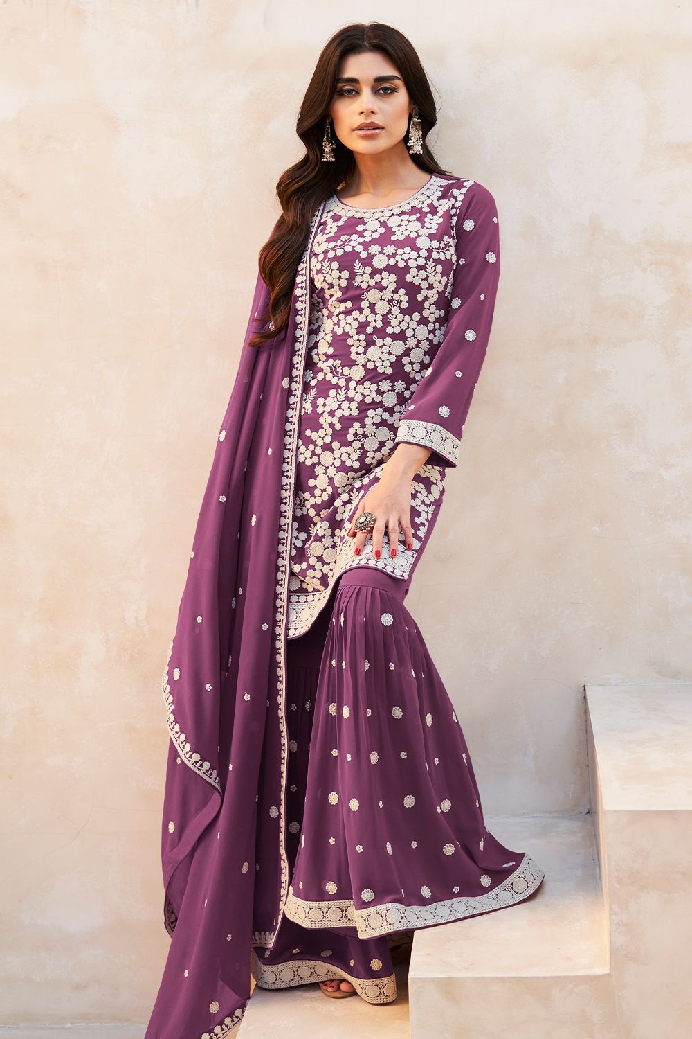 Light Purple Embroidered Georgette Gharara Suit