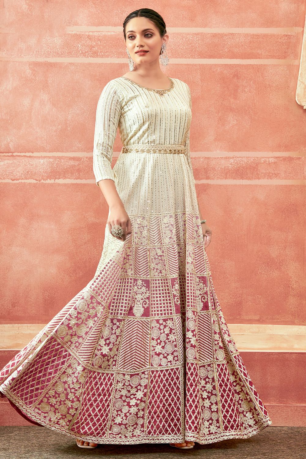 Off White And Pink Georgette Embroidered Festive Anarkali Suit