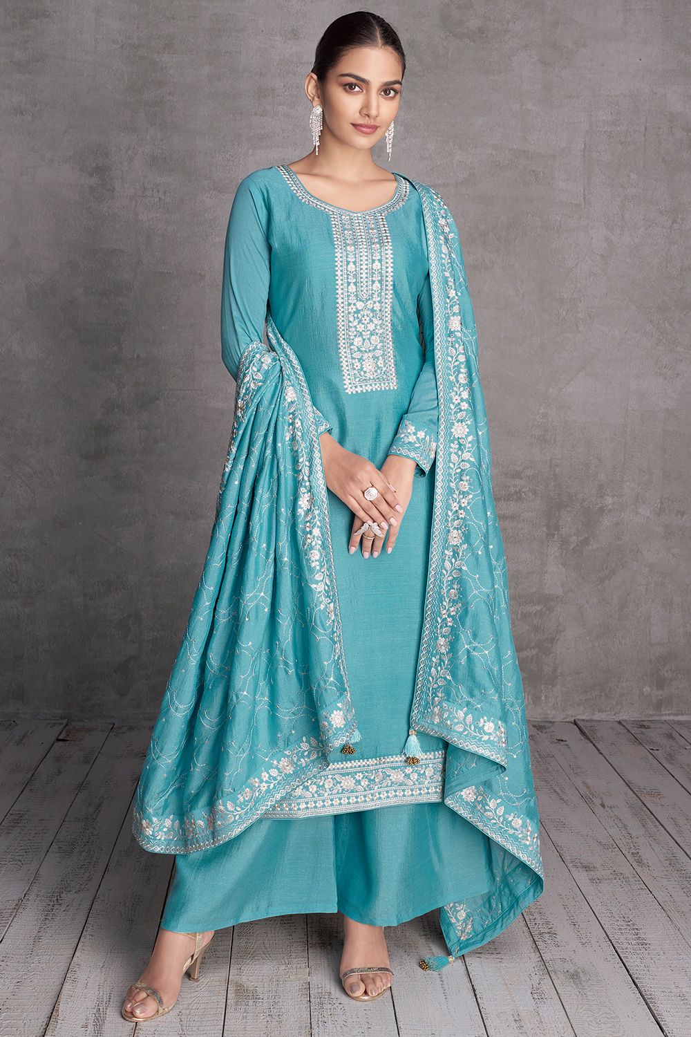 Blue Sequence Embroidery Silk Palazzo Suit