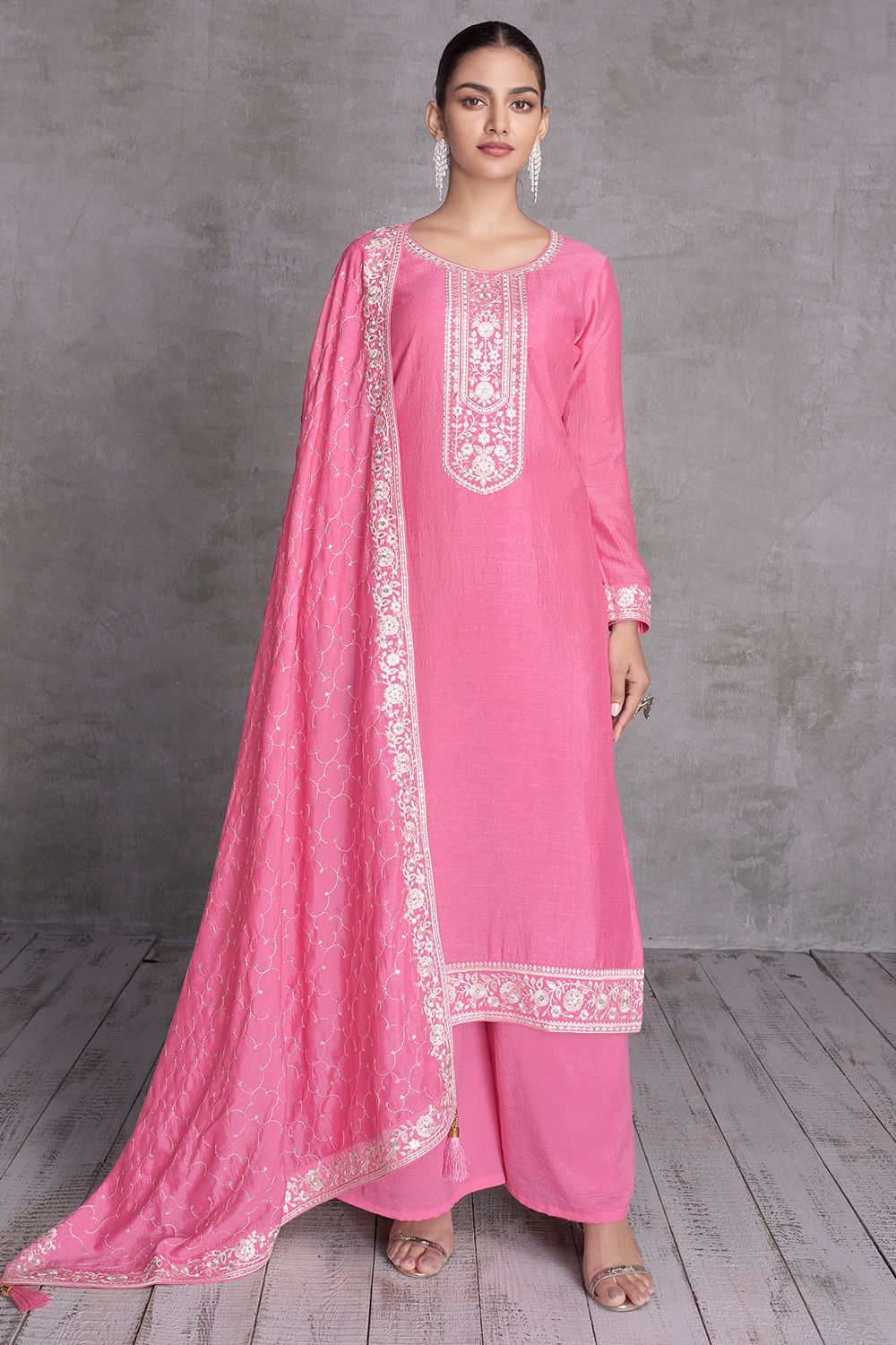 Pink Sequence Embroidery Silk Palazzo Suit