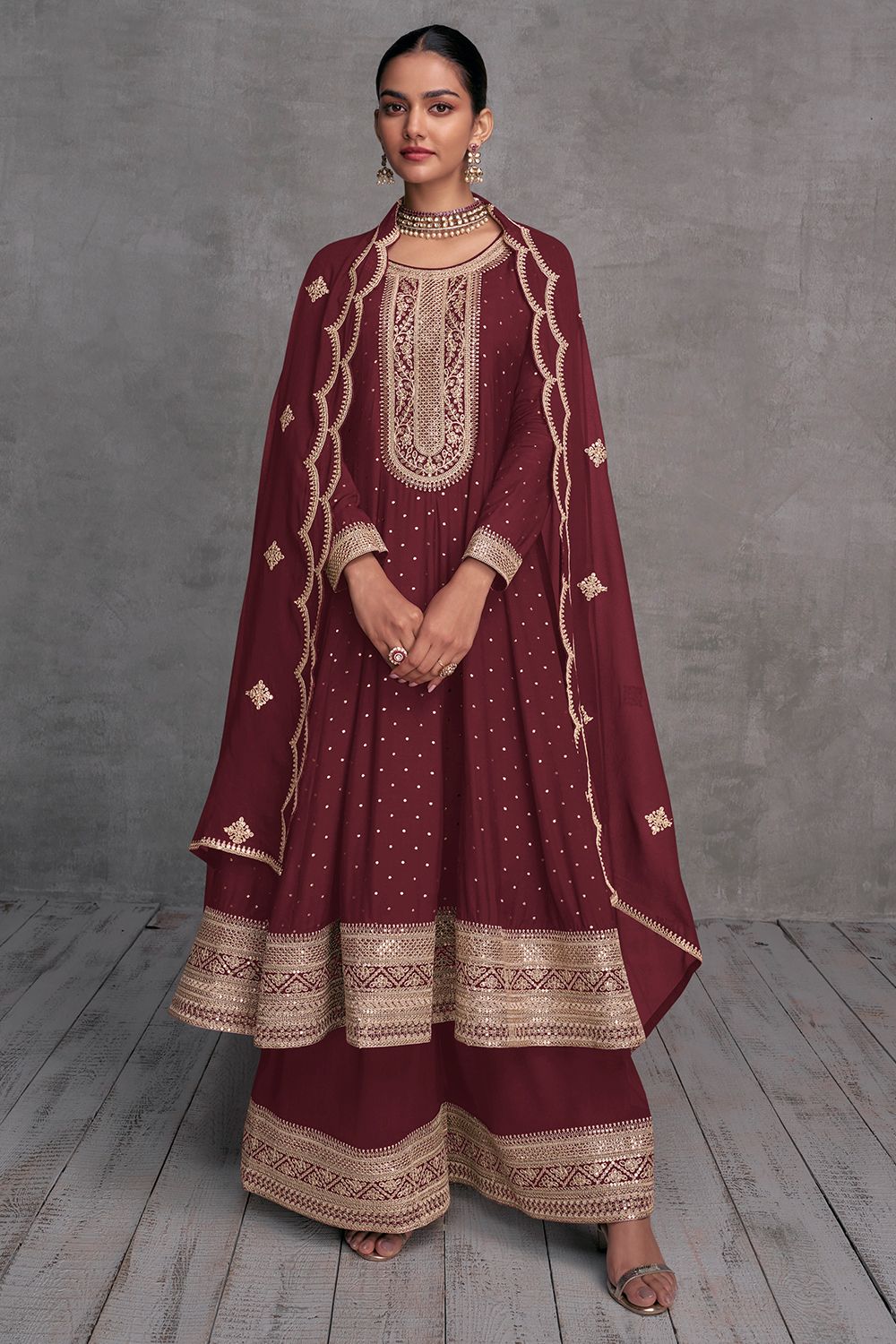 Maroon Embroidered Flared Style Georgette Sharara Suit