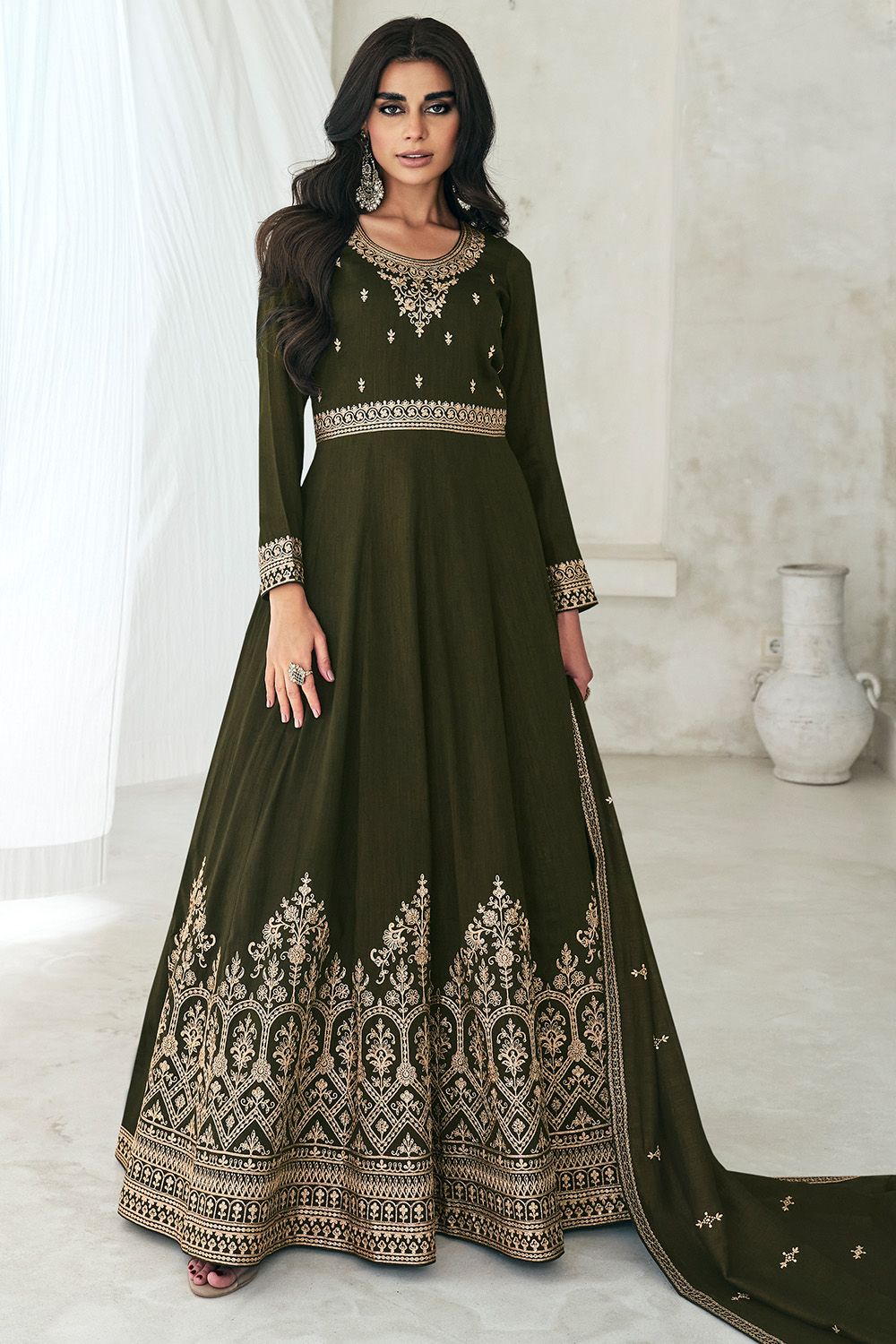 Olive Green Silk Anarkali Suit