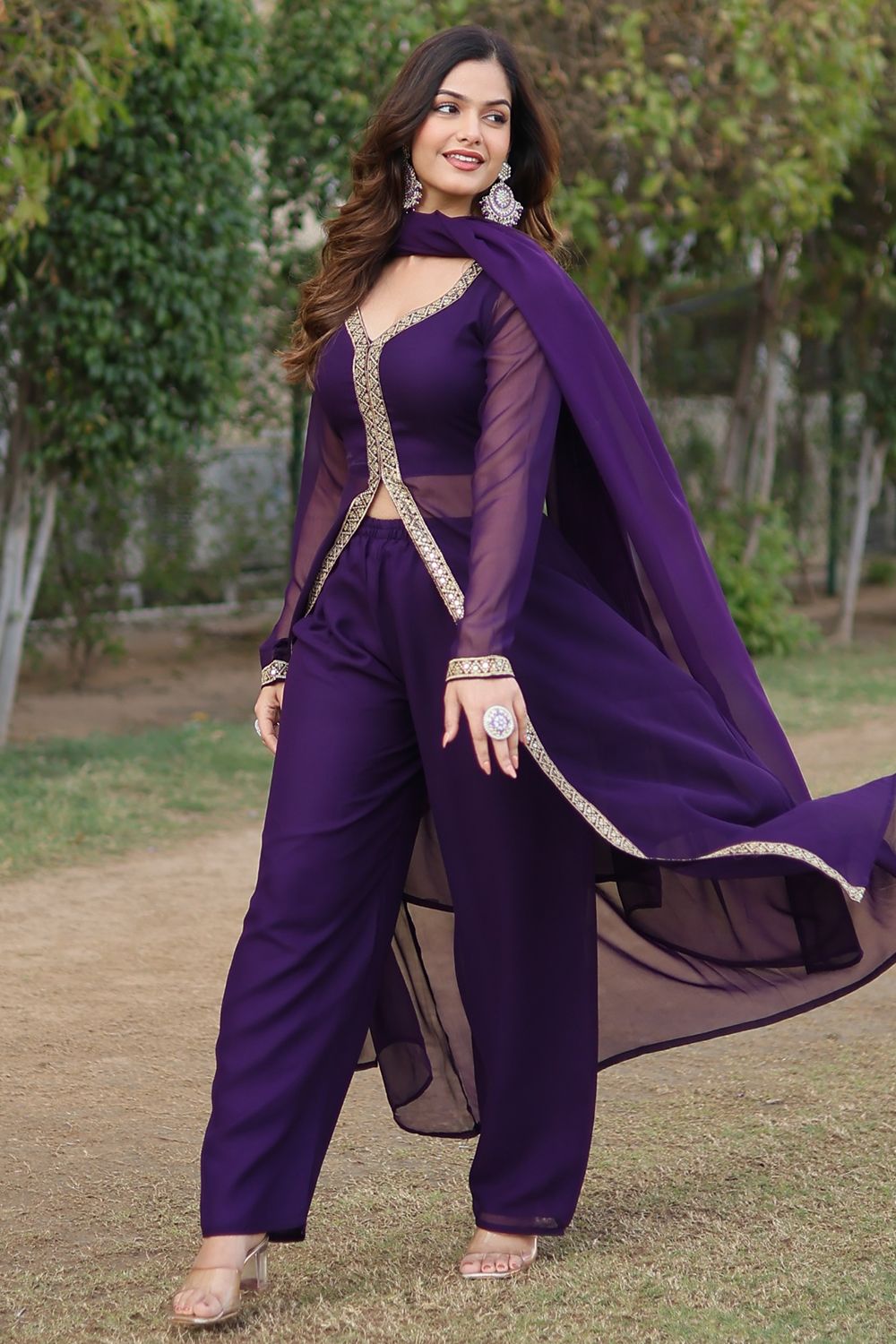 Violet Georgette Embroidery Suit Set 