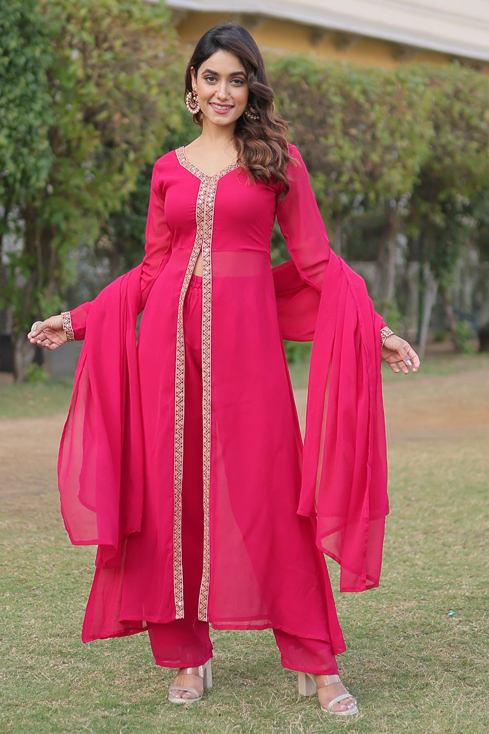 Rani Pink Georgette Embroidery Suit Set 
