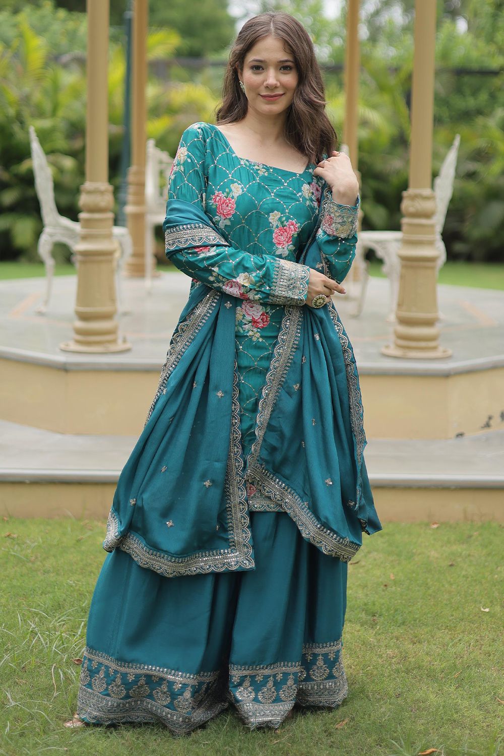 Teal Blue Chinnon Kurti Palazzo Set with Embroidered Dupatta
