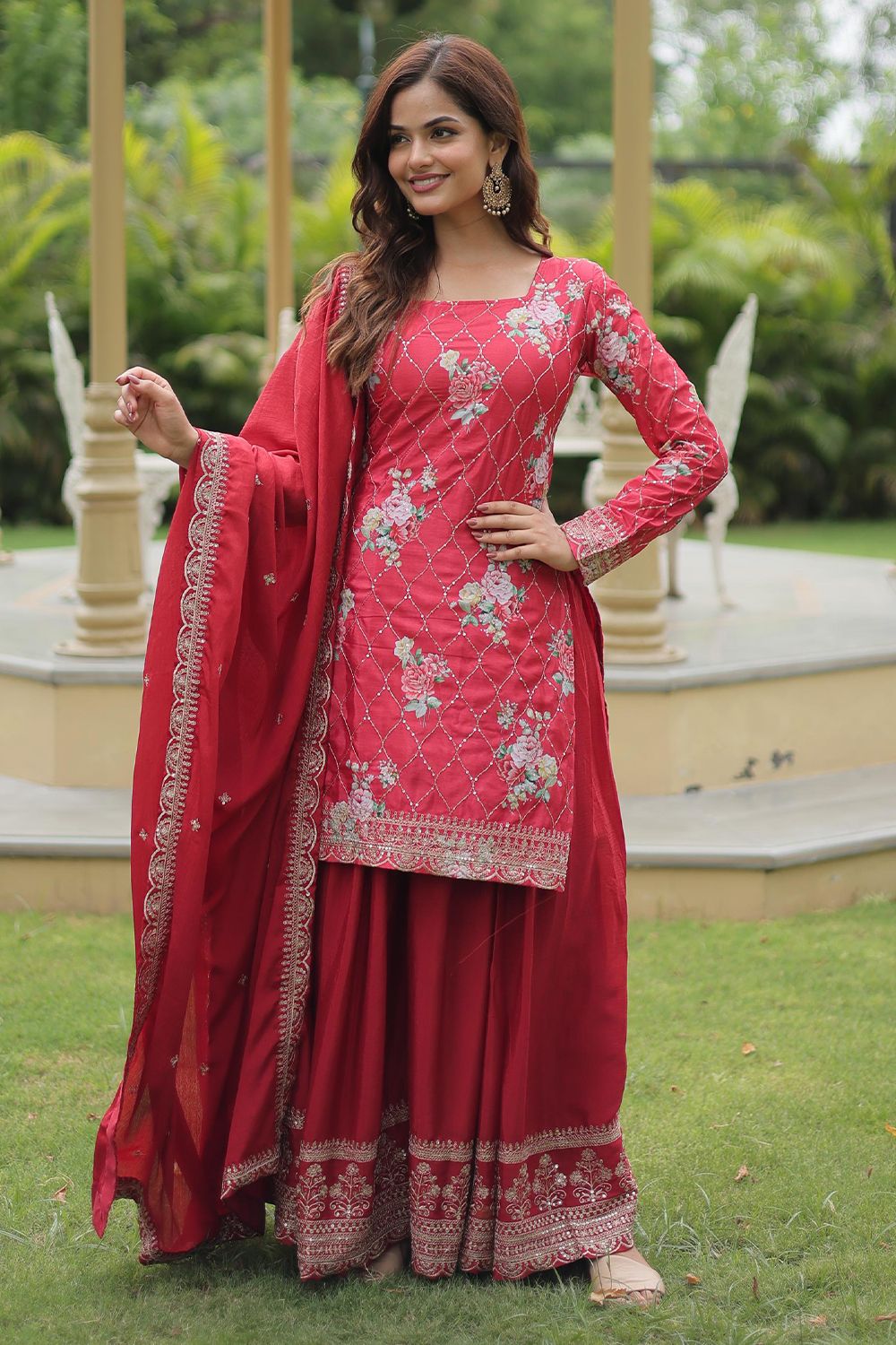 Bright Pink Chinnon Kurti Palazzo Set with Embroidered Dupatta