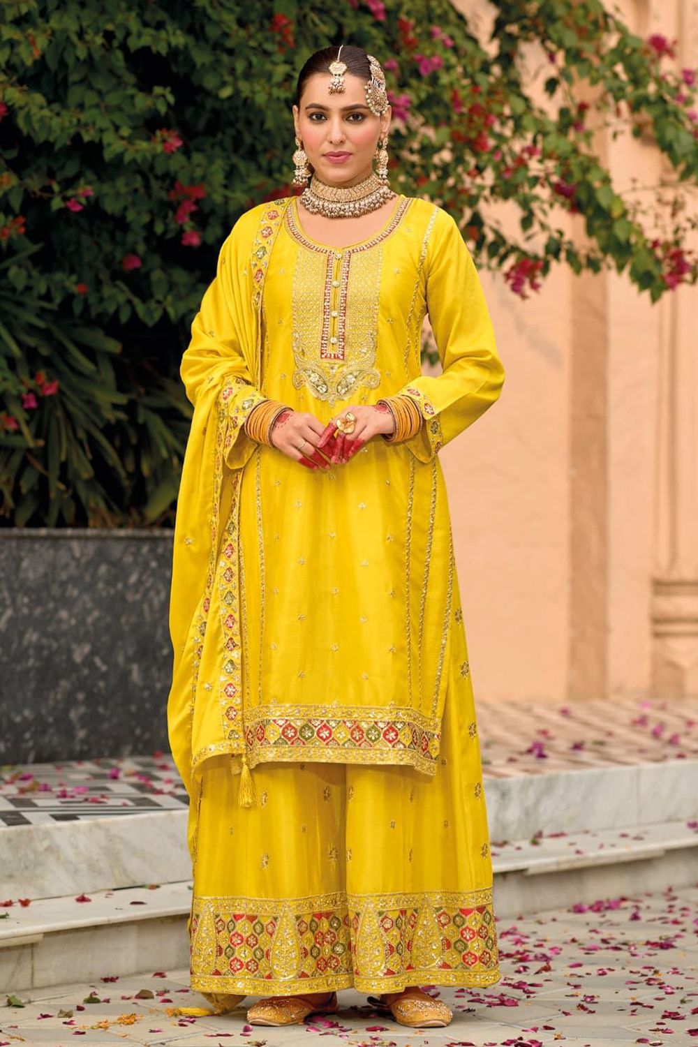 Yellow Chinnon Embroidered Sequins Palazzo Suit 