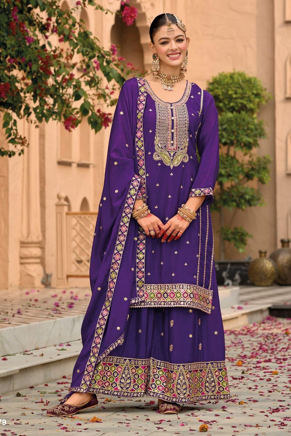 Violet Chinnon Embroidered Sequins Palazzo Suit 