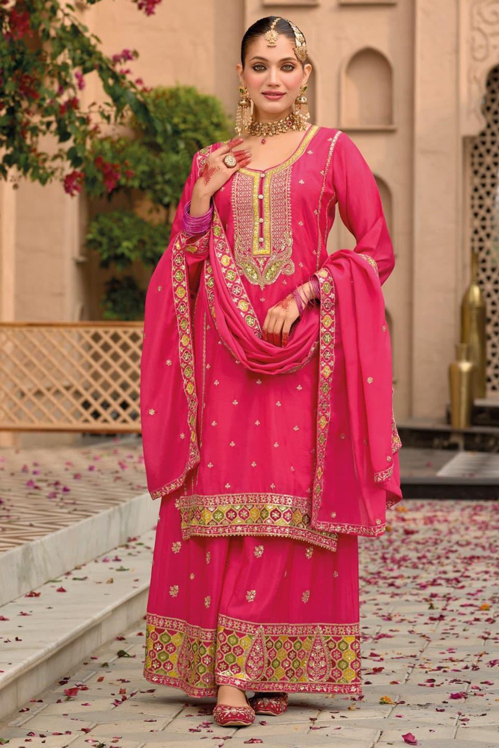 Pink Chinnon Embroidered Sequins Palazzo Suit 