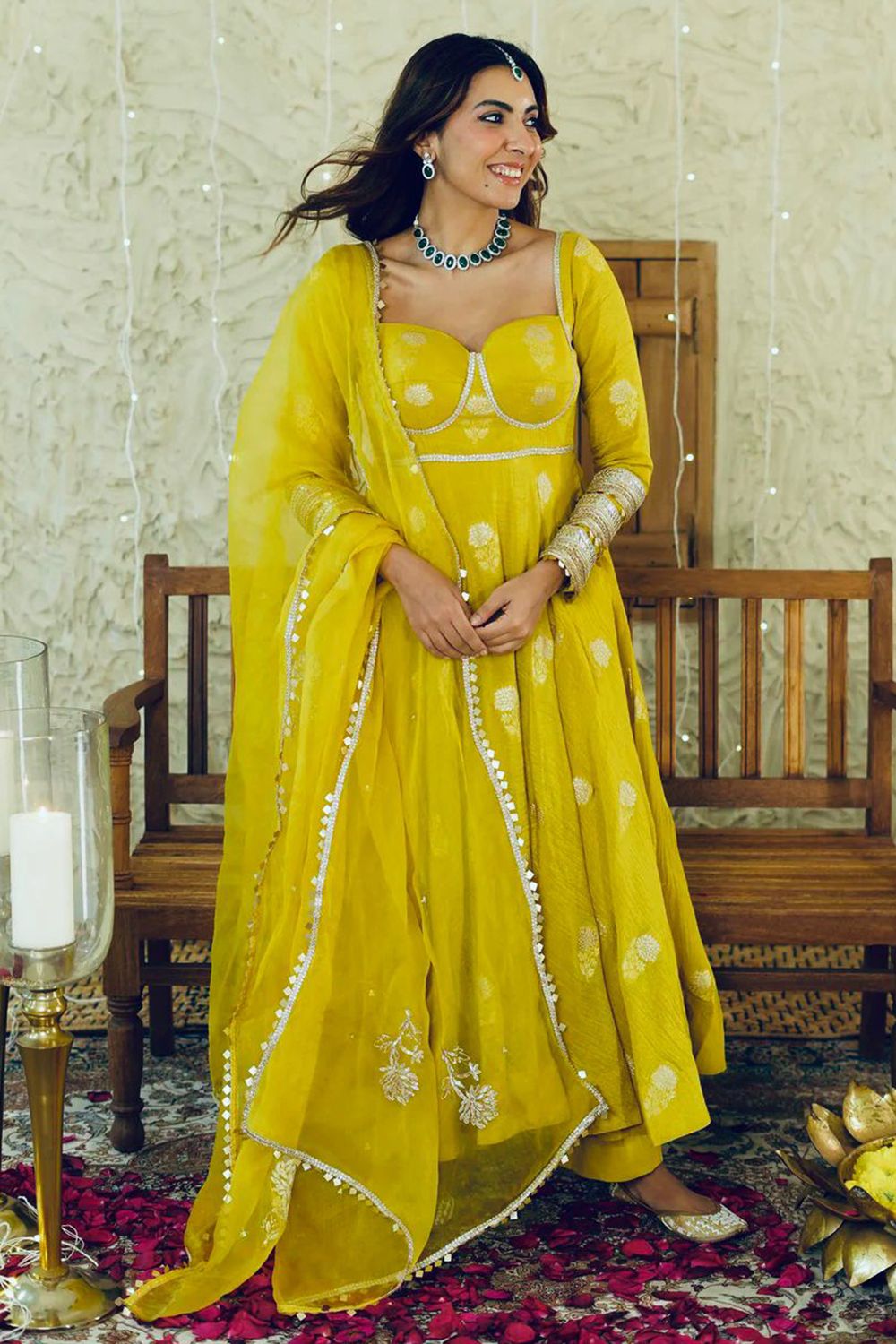 Yellow Sequins Embroidered Chinnon Anarkali  Dress