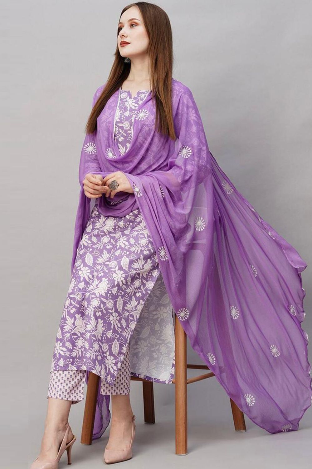 Purple Cotton Printed Kurta Set