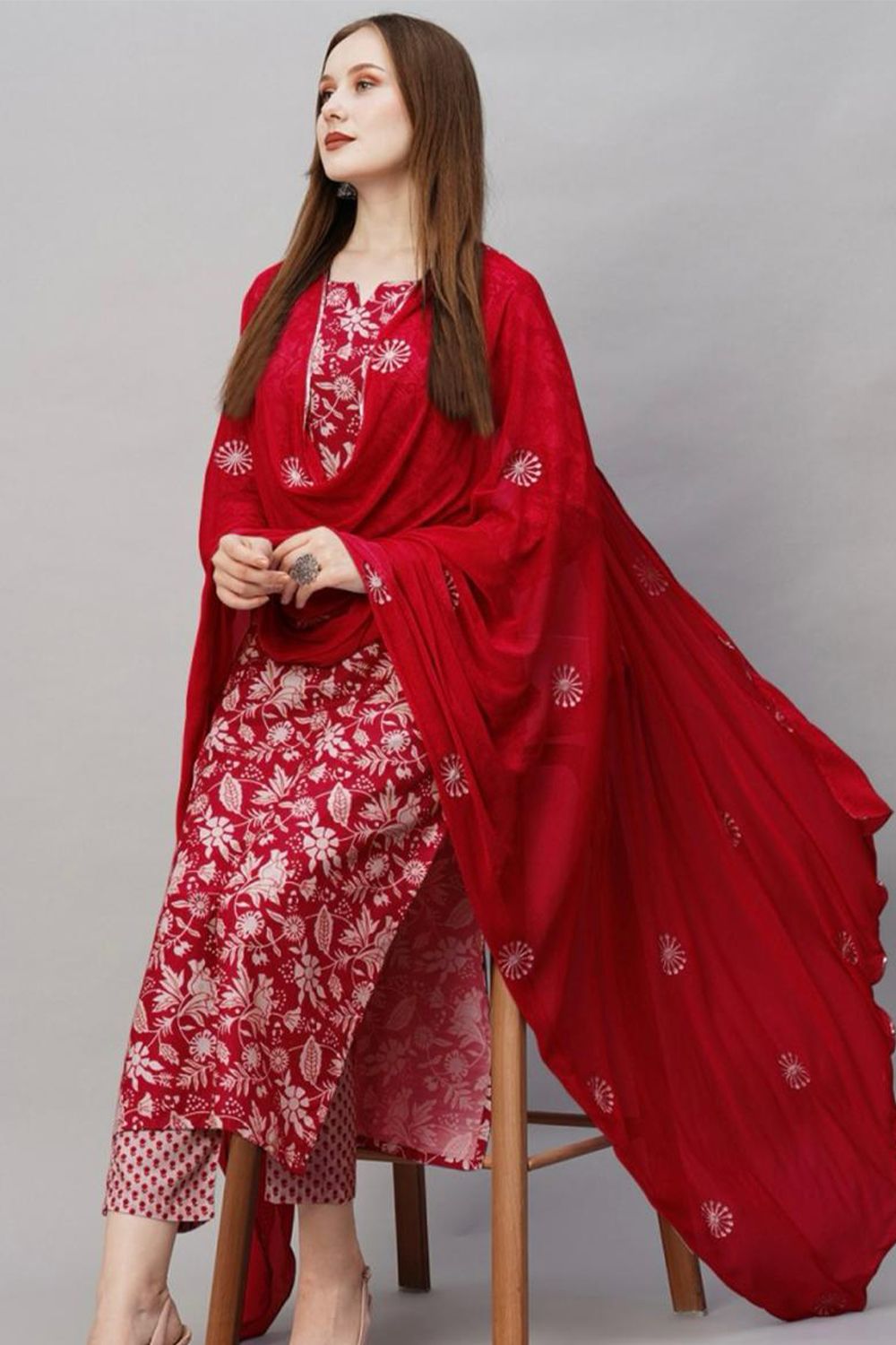 Red Cotton Printed Kurta Set