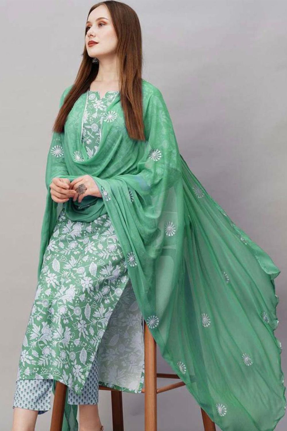 Green Cotton Printed Kurta Set