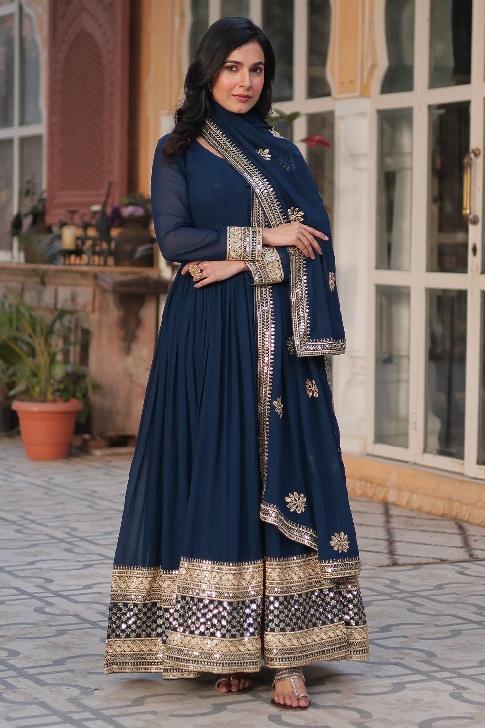 Blue Embroidered Georgette Anarkali Suit