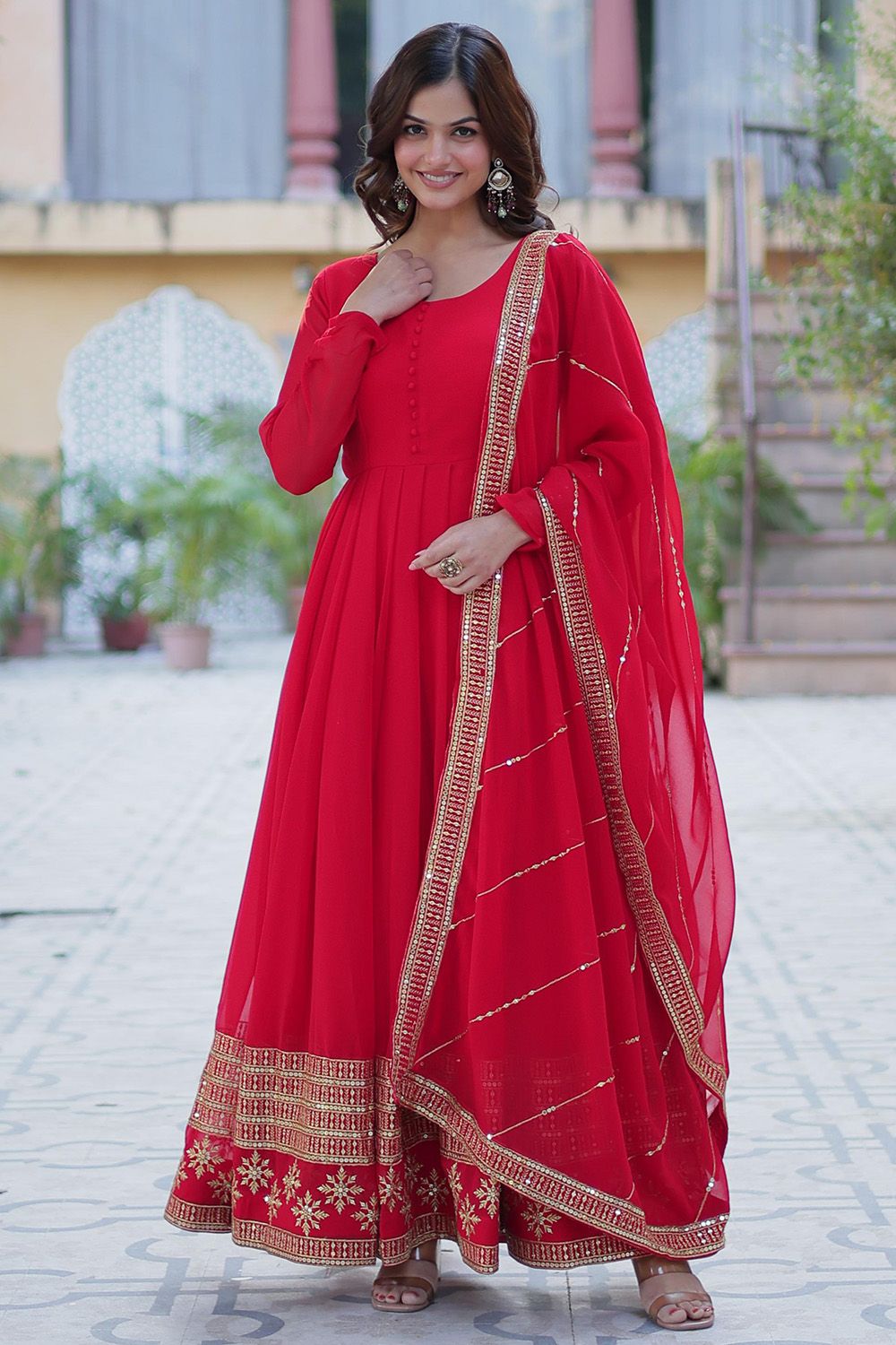 Red Georgette Sequins Embroidered Anarkali Suit 