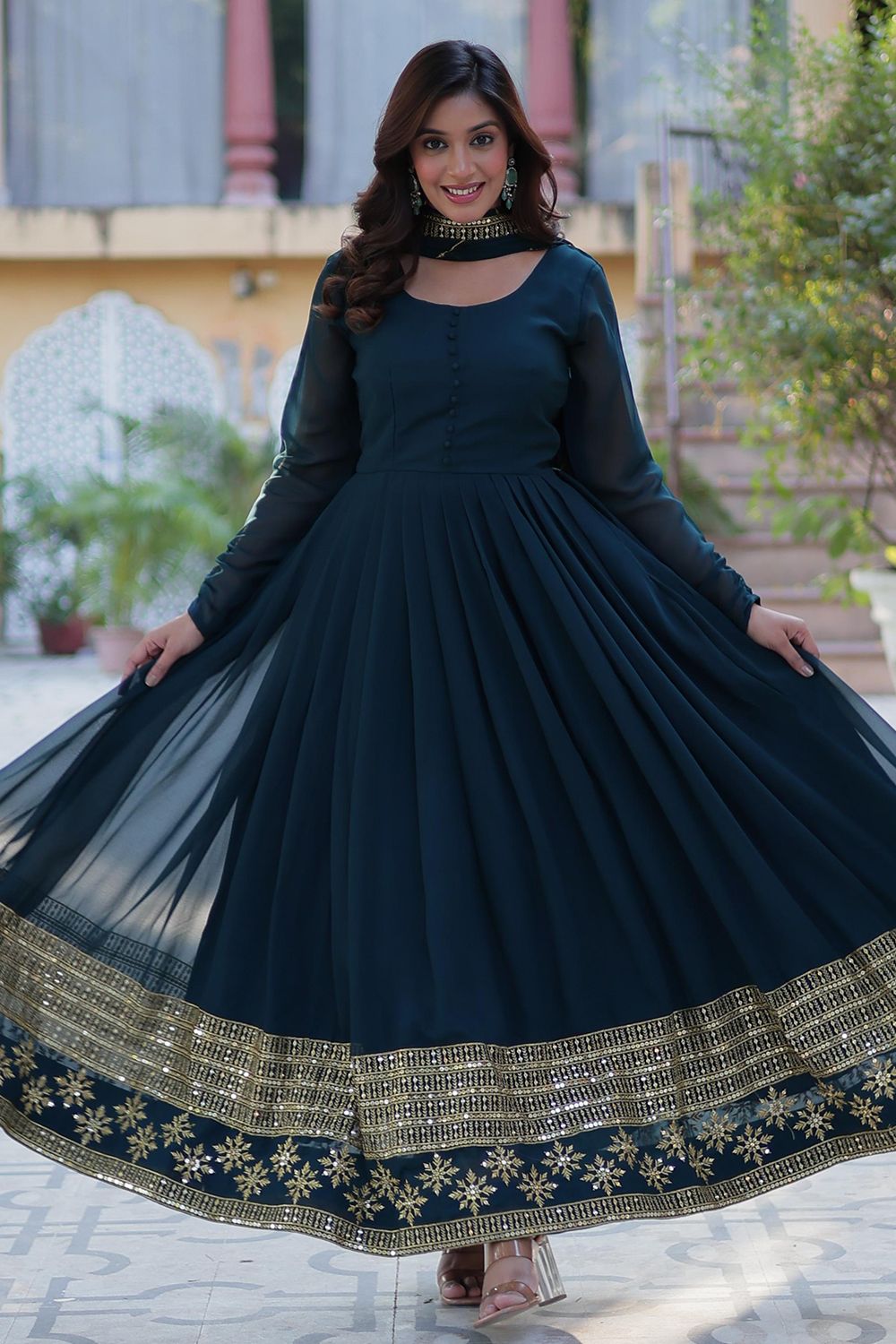 Teal Blue Georgette Sequins Embroidered Anarkali Suit 