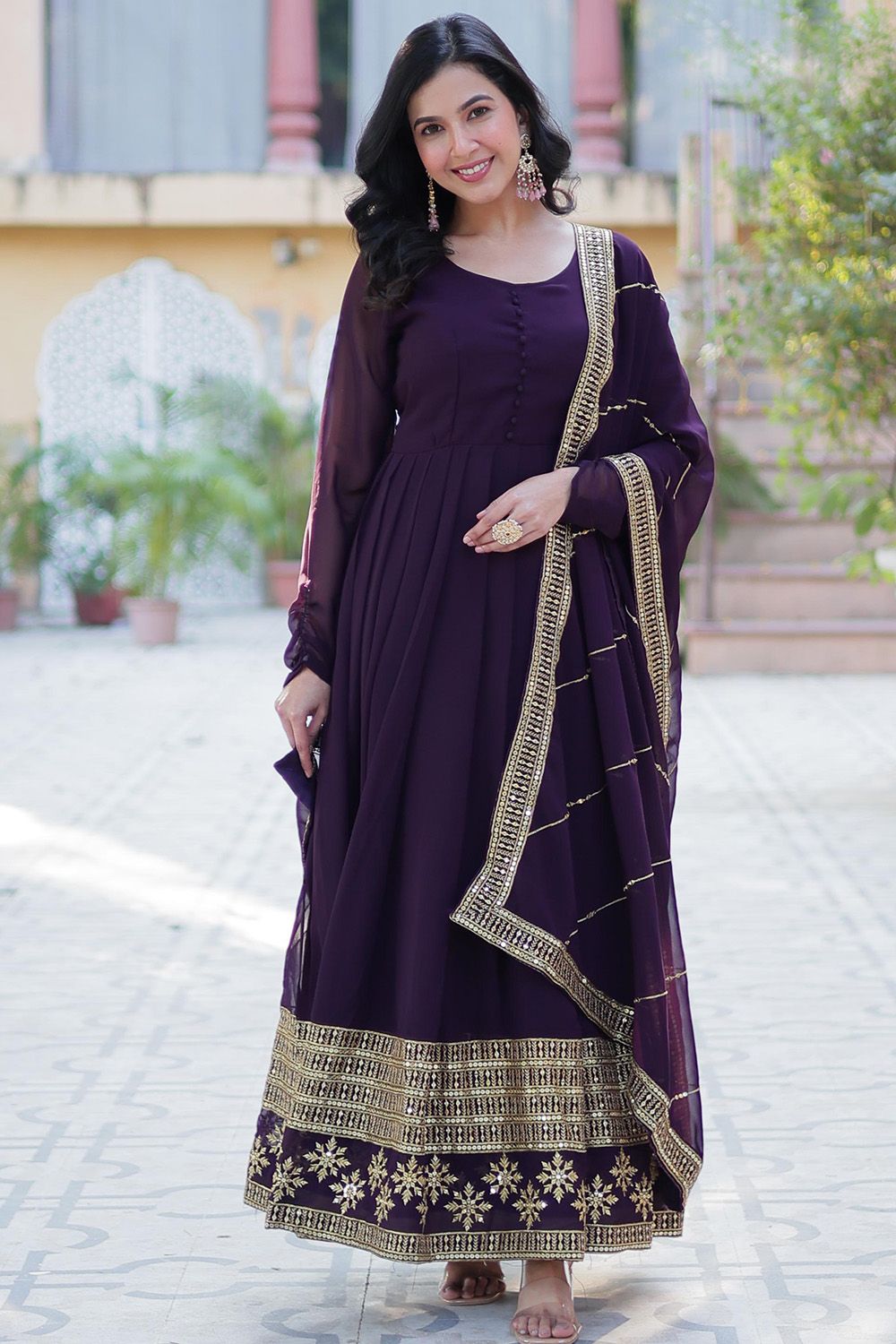 Purple Sequins Embroidered Georgette Anarkali Suit 