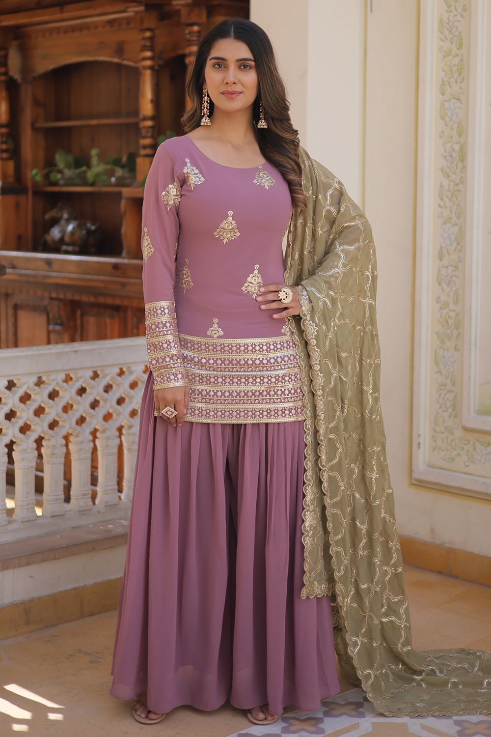 Onion Pink Georgette Embroidered Palazzo Suit