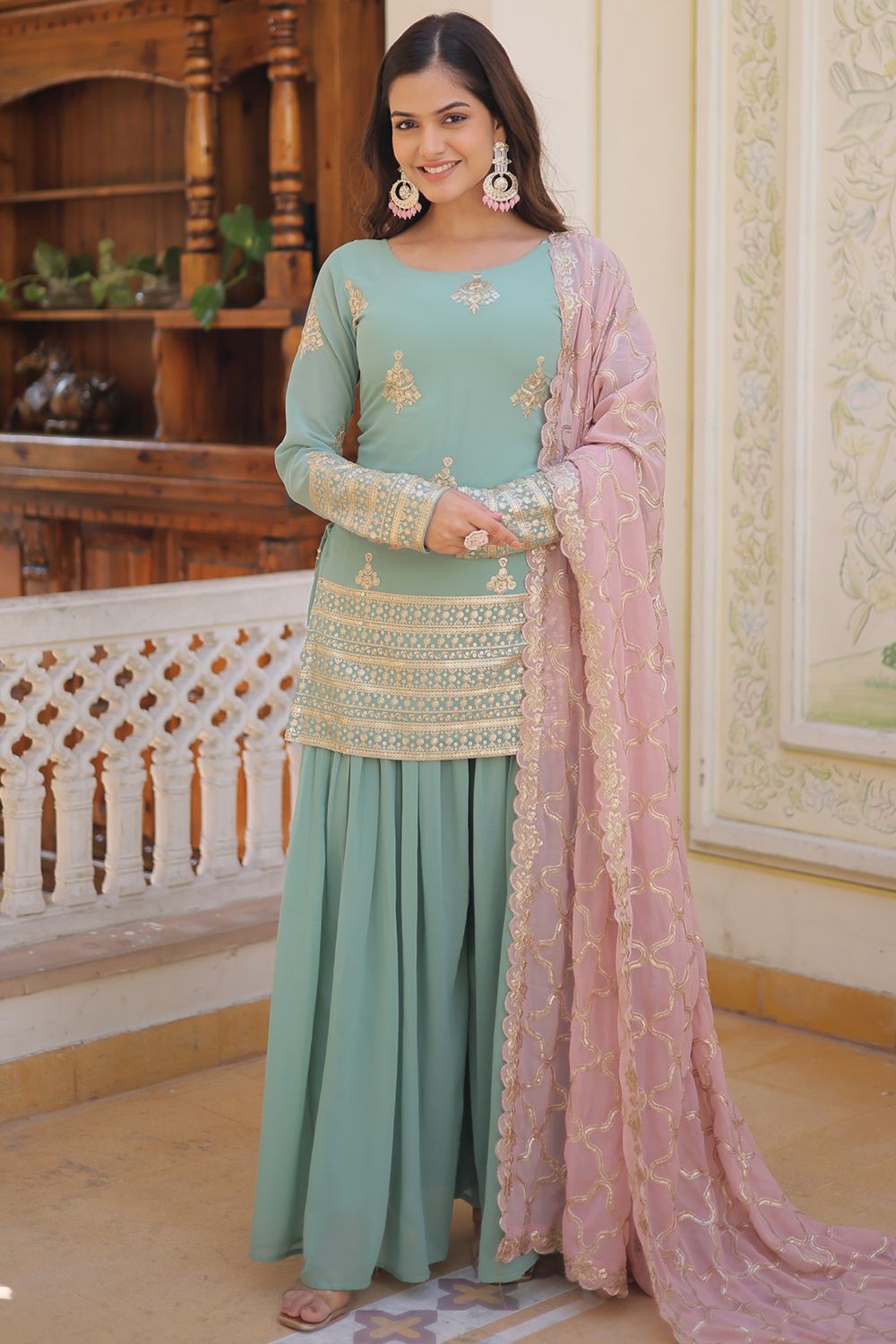 Pistachio Green Georgette Embroidered Palazzo Suit
