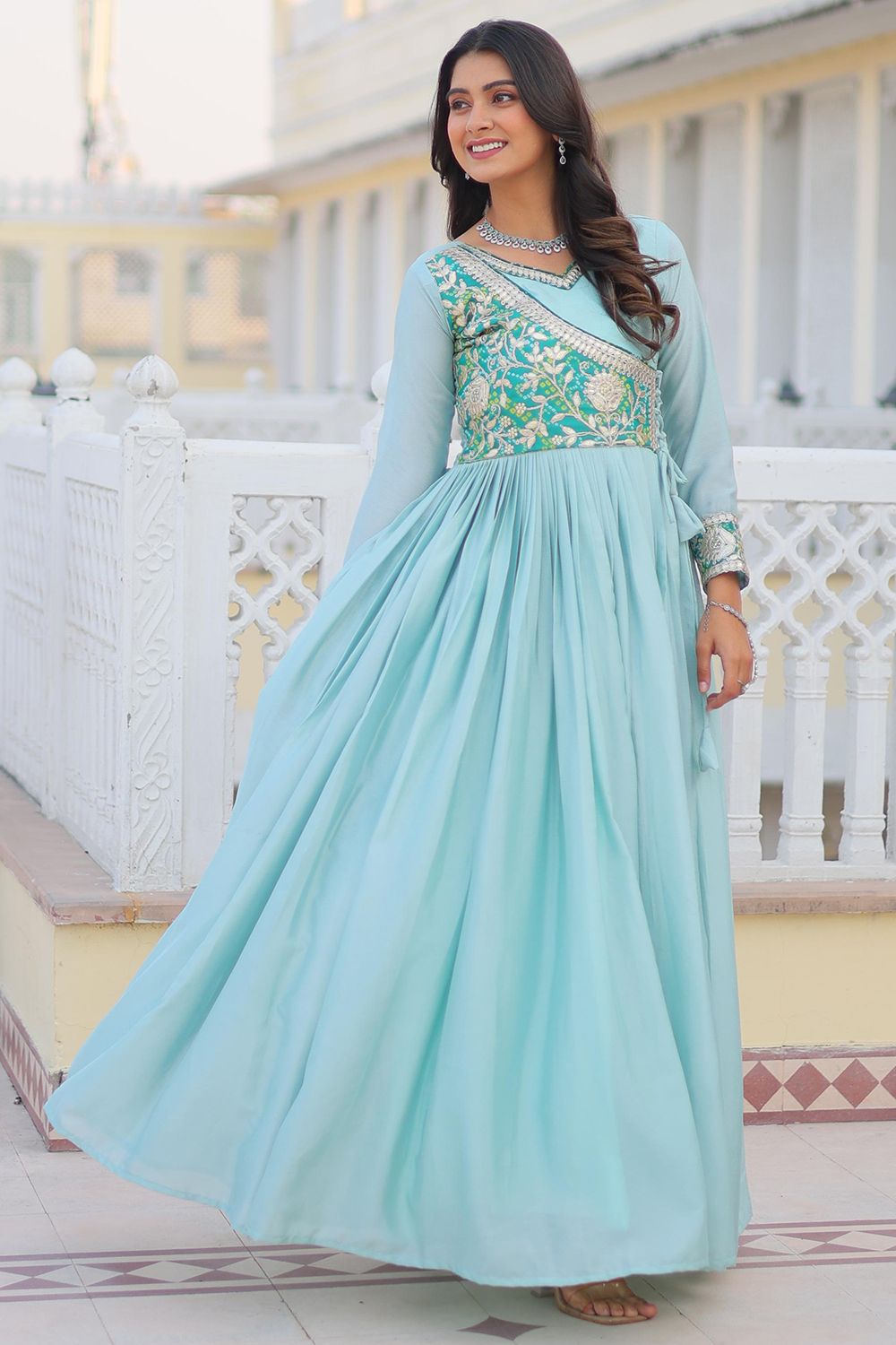 Sky Blue Chinon Zari Embroidered Anarkali Gown