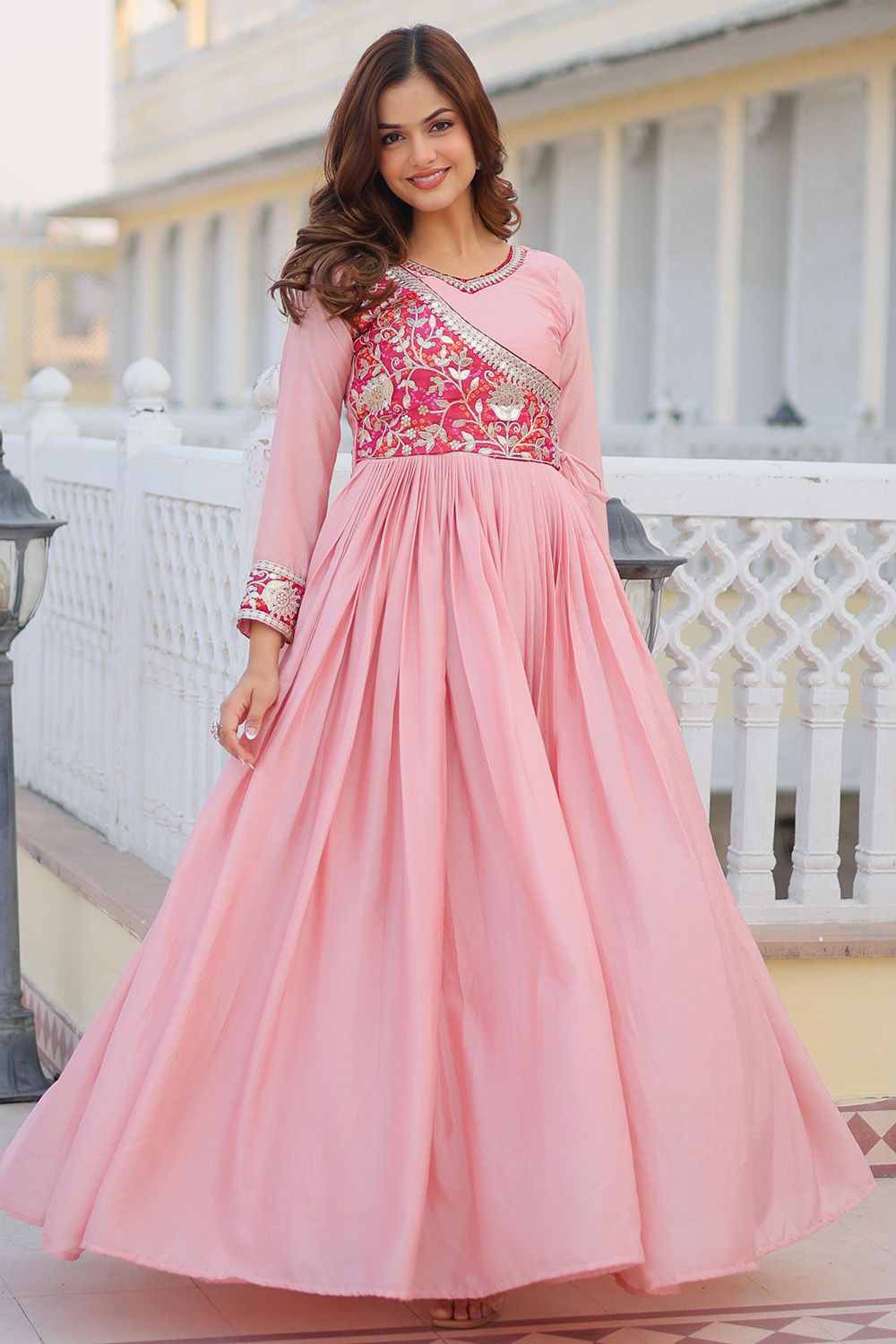 Pink Chinon Zari Embroidered Anarkali Gown
