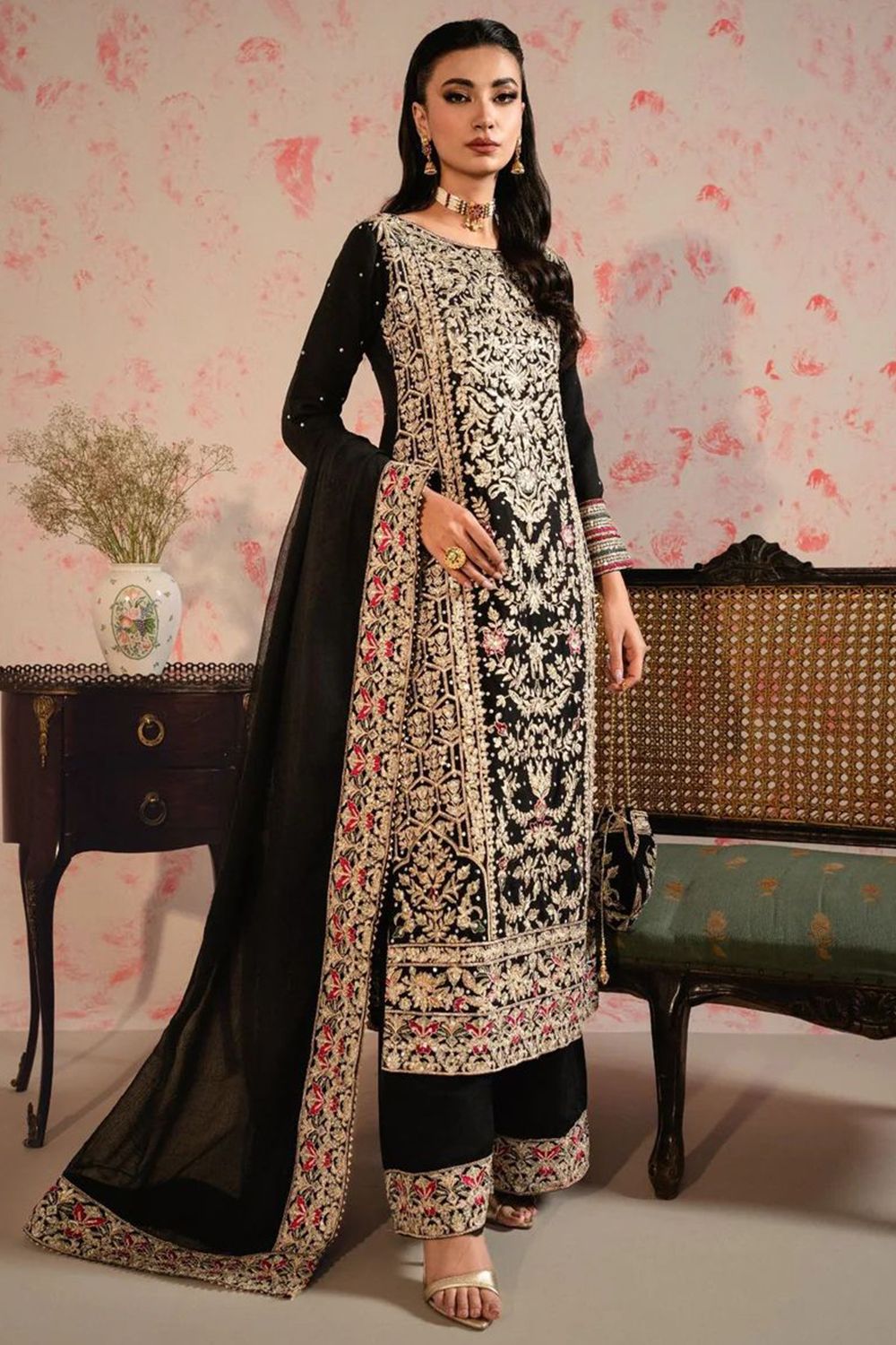 Black Embroidered Georgette Palazzo Suit
