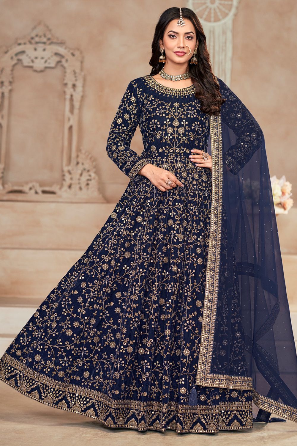 Navy Blue Velvet Embroidered Gown