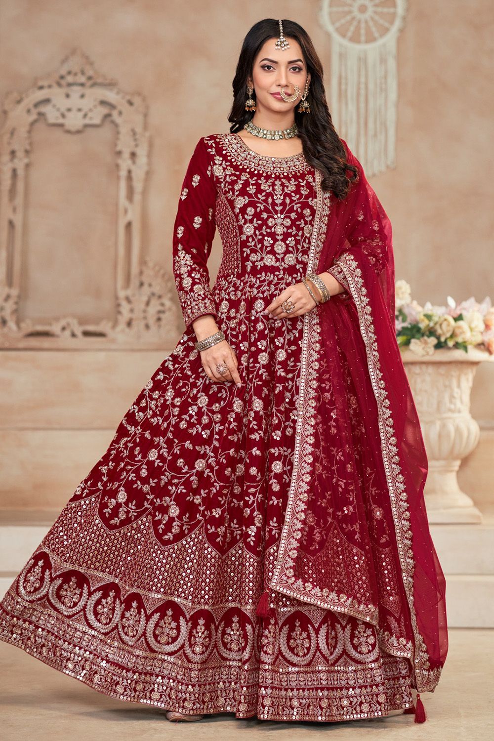 Dark Red Velvet Embroidered Gown