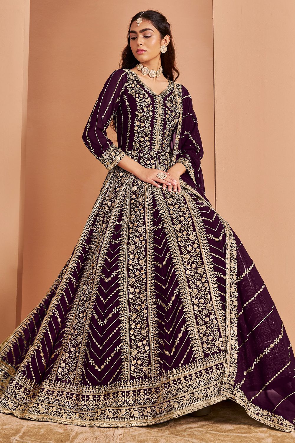 Wine Georgette Embroidered Anarkali Suit with Dupatta