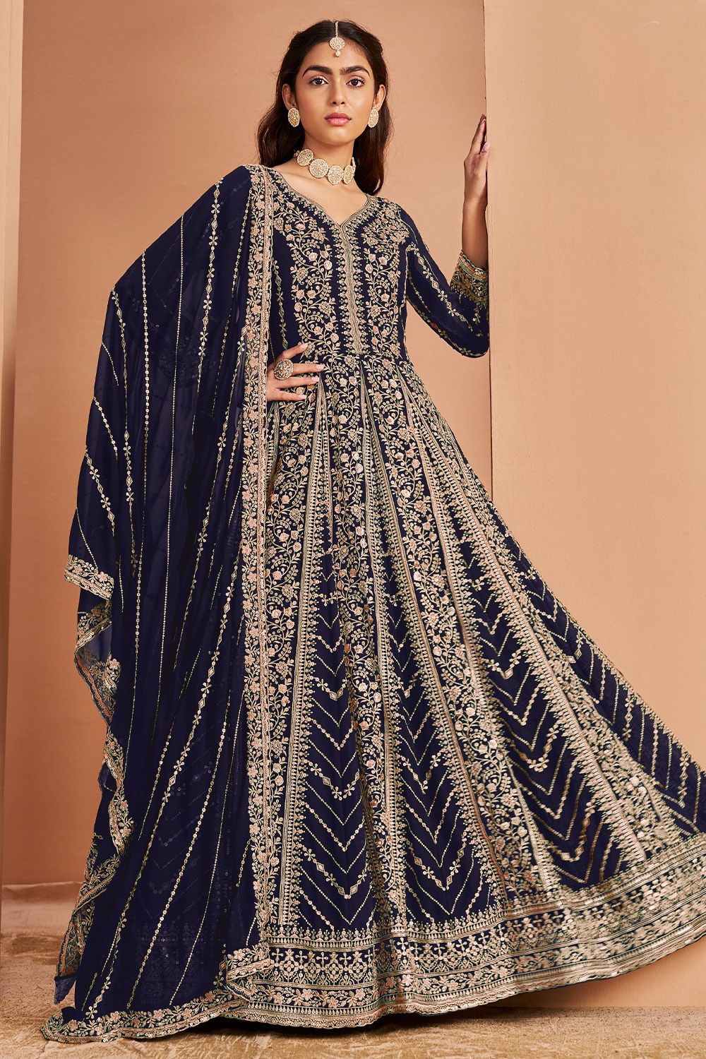 Navy Blue Georgette Embroidered Anarkali Suit with Dupatta