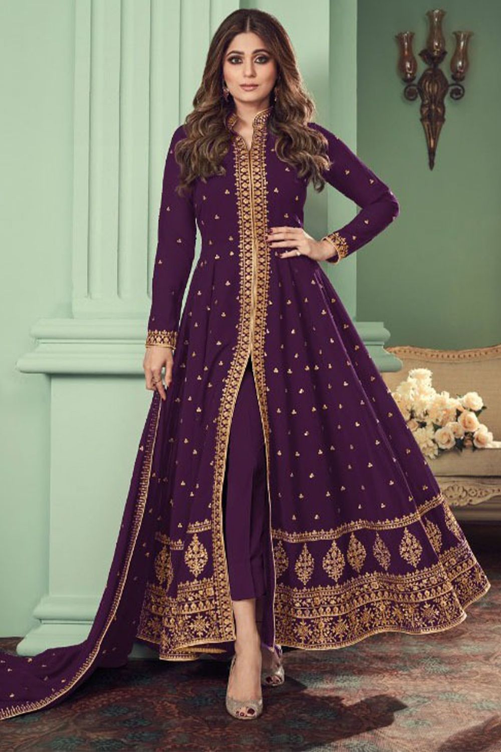 Purple Georgette Front Slit Anarkali Suit 