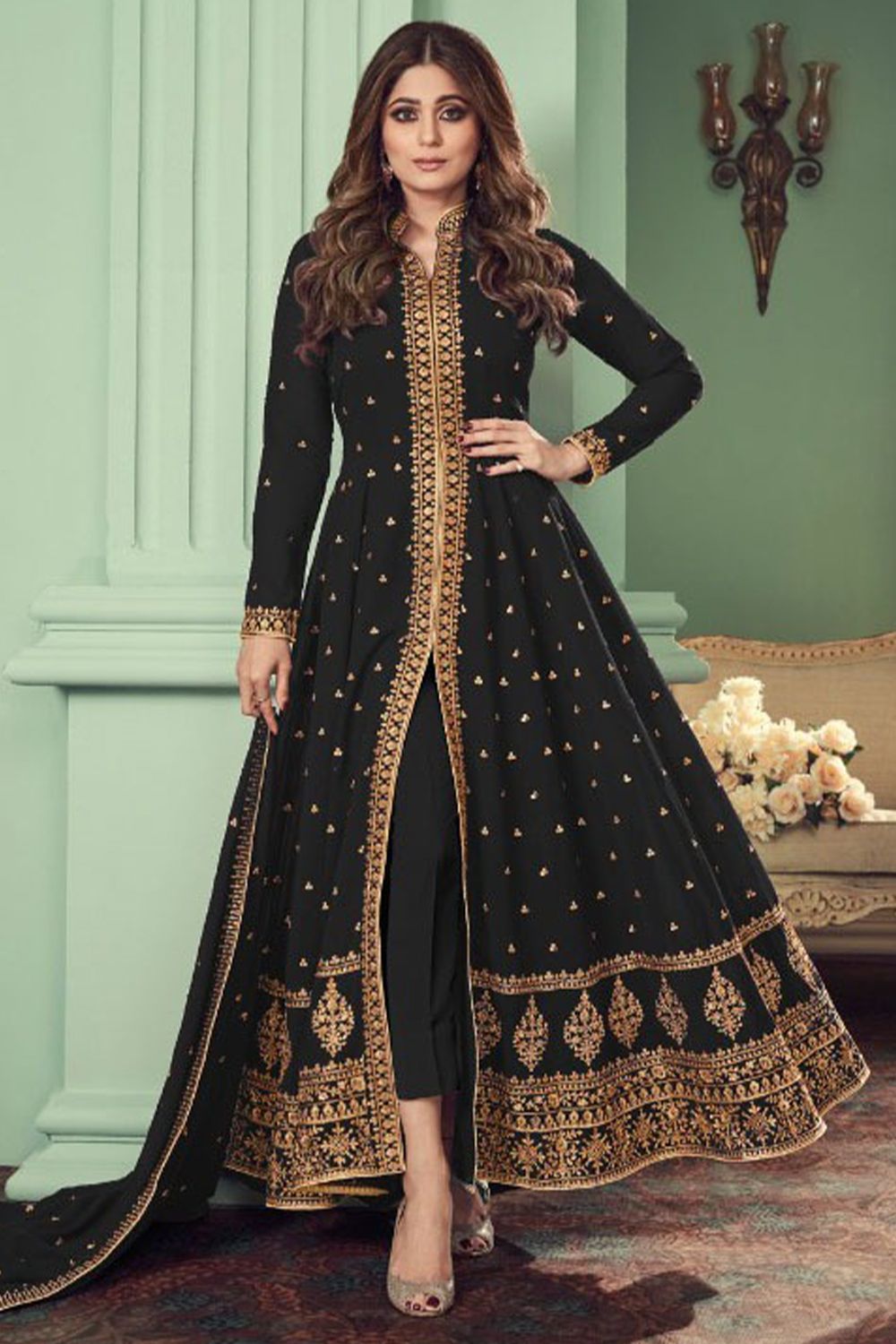 Black Georgette Front Slit Anarkali Suit 