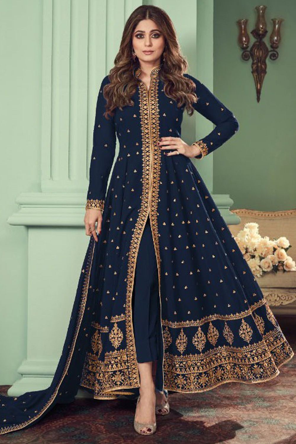 Prussian Blue Georgette Front Slit Anarkali Suit 