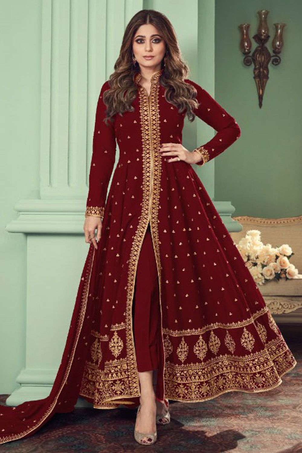 Maroon Georgette Front Slit Anarkali Suit 