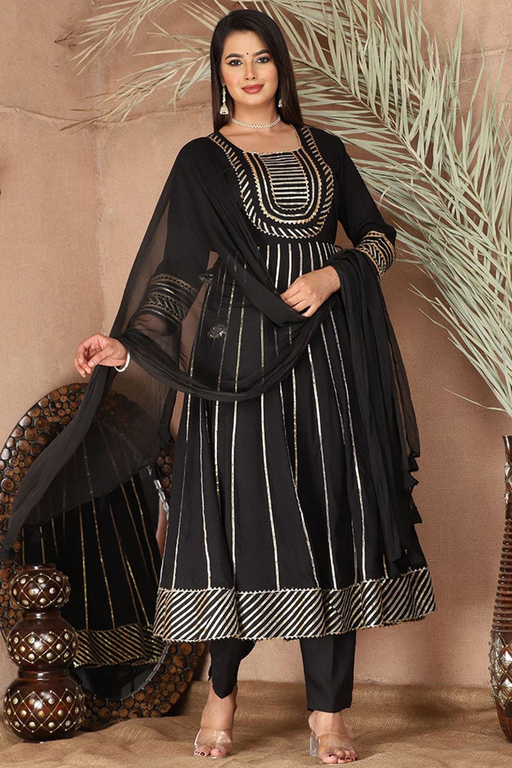 Black Rayon Embroidered Anarkali Suit 