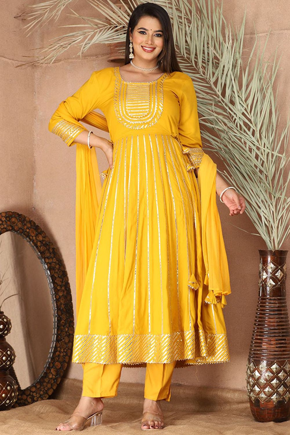 Yellow Rayon Embroidered Anarkali Suit 