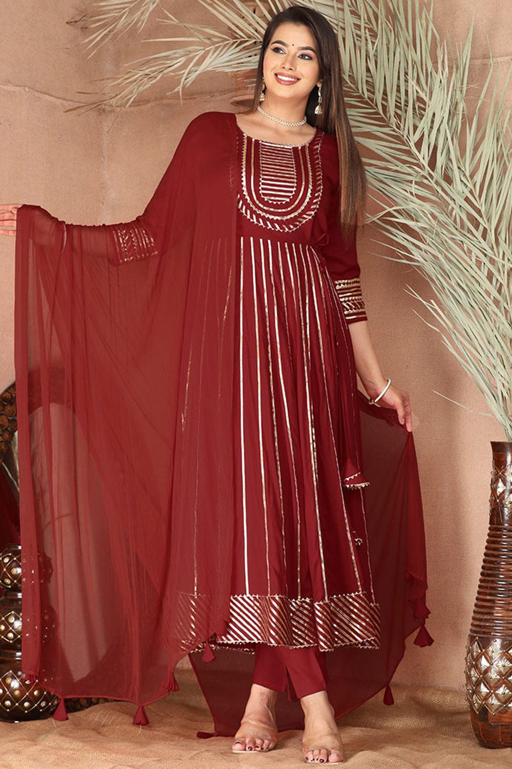 Maroon Rayon Embroidered Anarkali Suit 