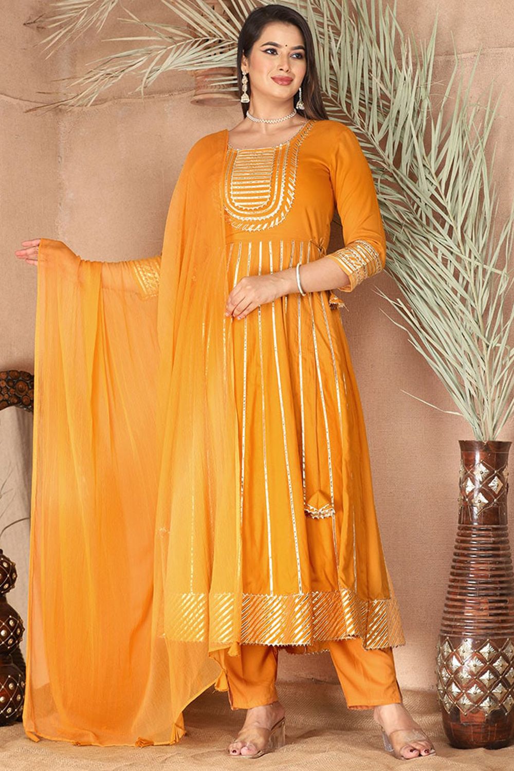 Mustard Yellow Rayon Embroidered Anarkali Suit 