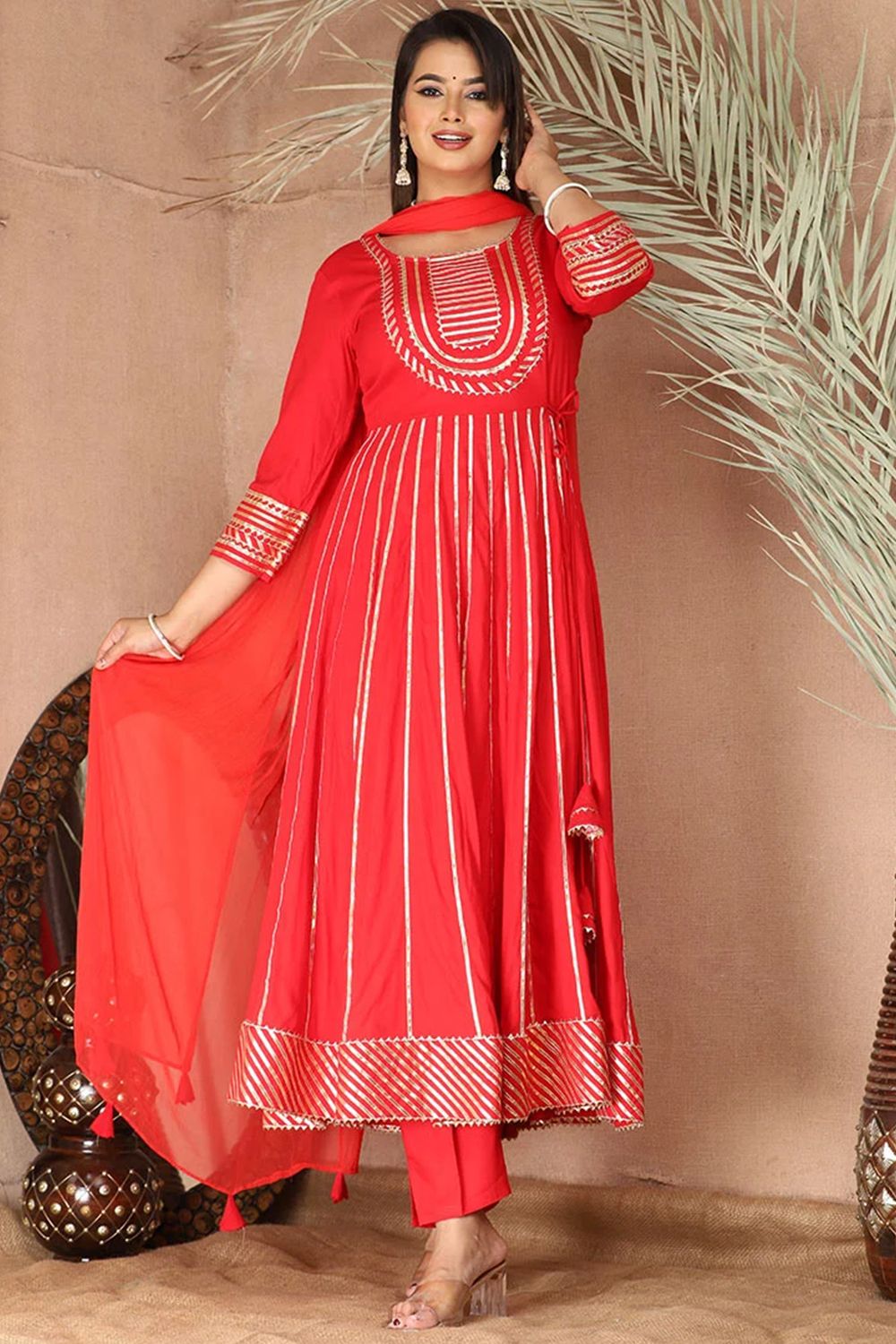 Red Rayon Embroidered Anarkali Suit 