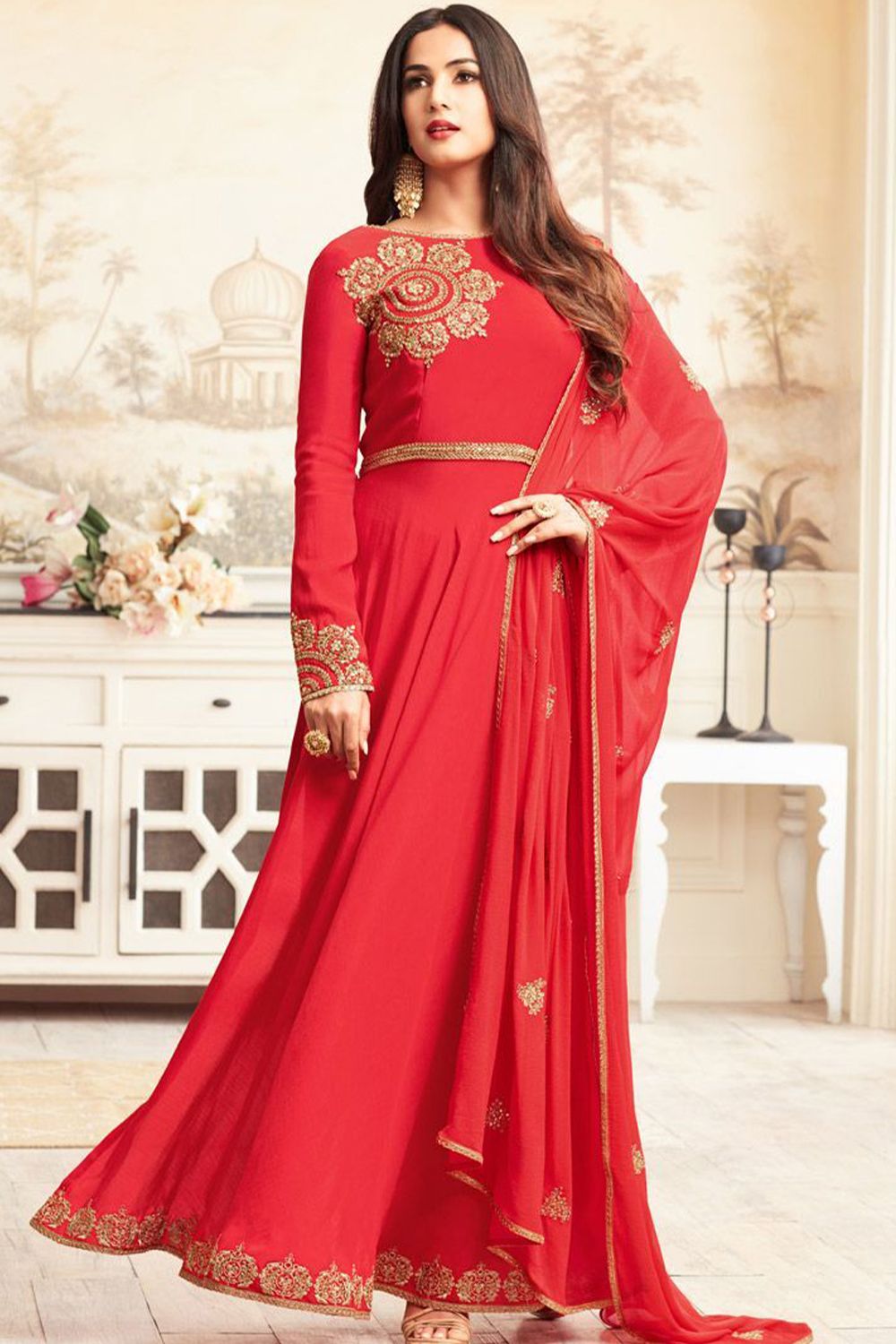 Red Art Silk Embroidered Suit