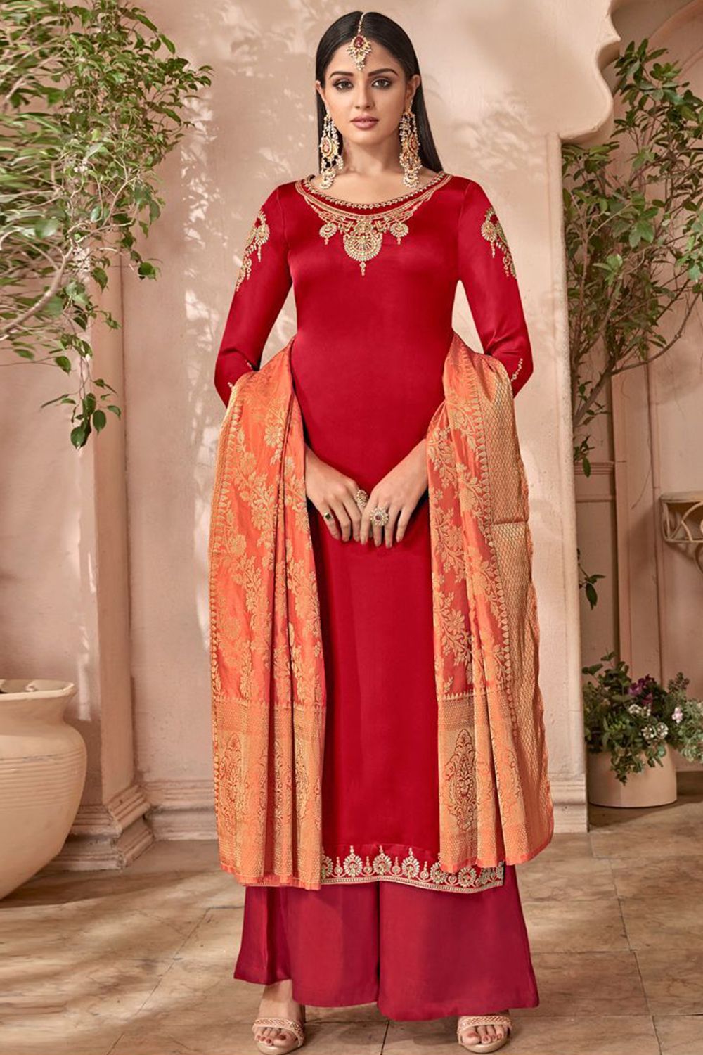 Red Georgette Embroidered Palazzo Suit