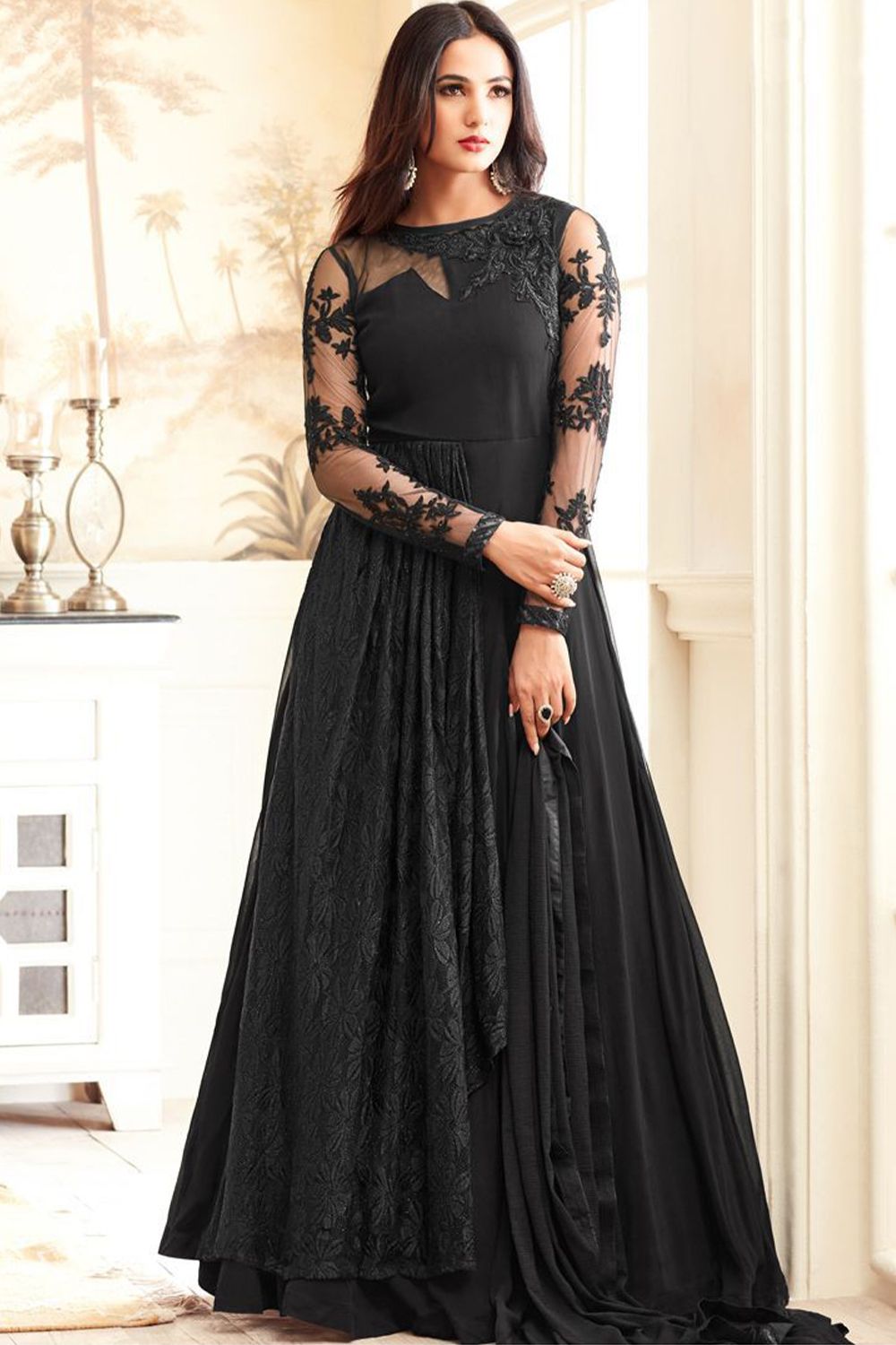 Black Georgette Resham Embroidered Gown