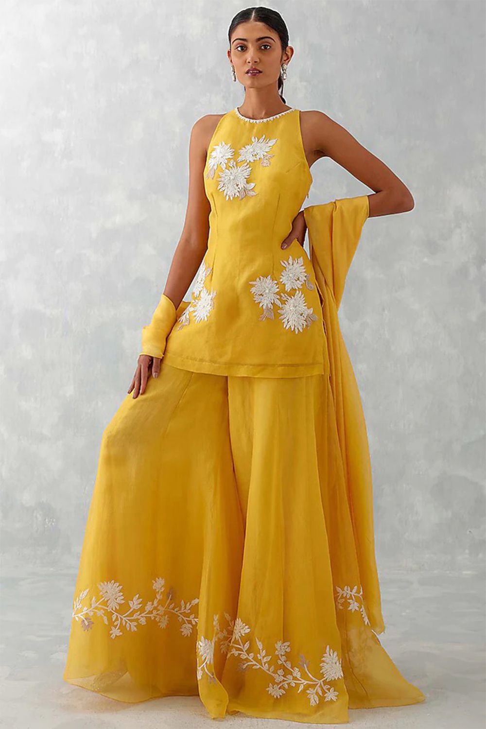 Mustard Yellow Embroidered Organza Sharara Suit