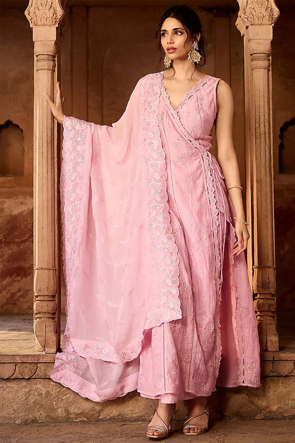 Light Pink Floral Embroidered Angrakha Suit