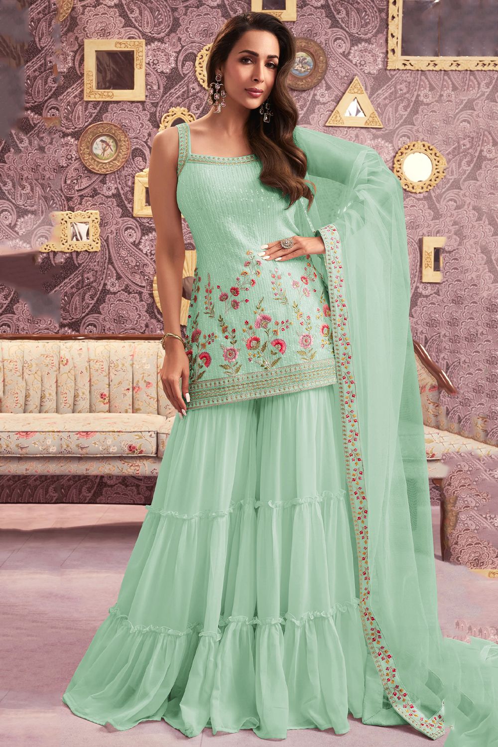 Light Green Georgette Embroidered Sharara Suit